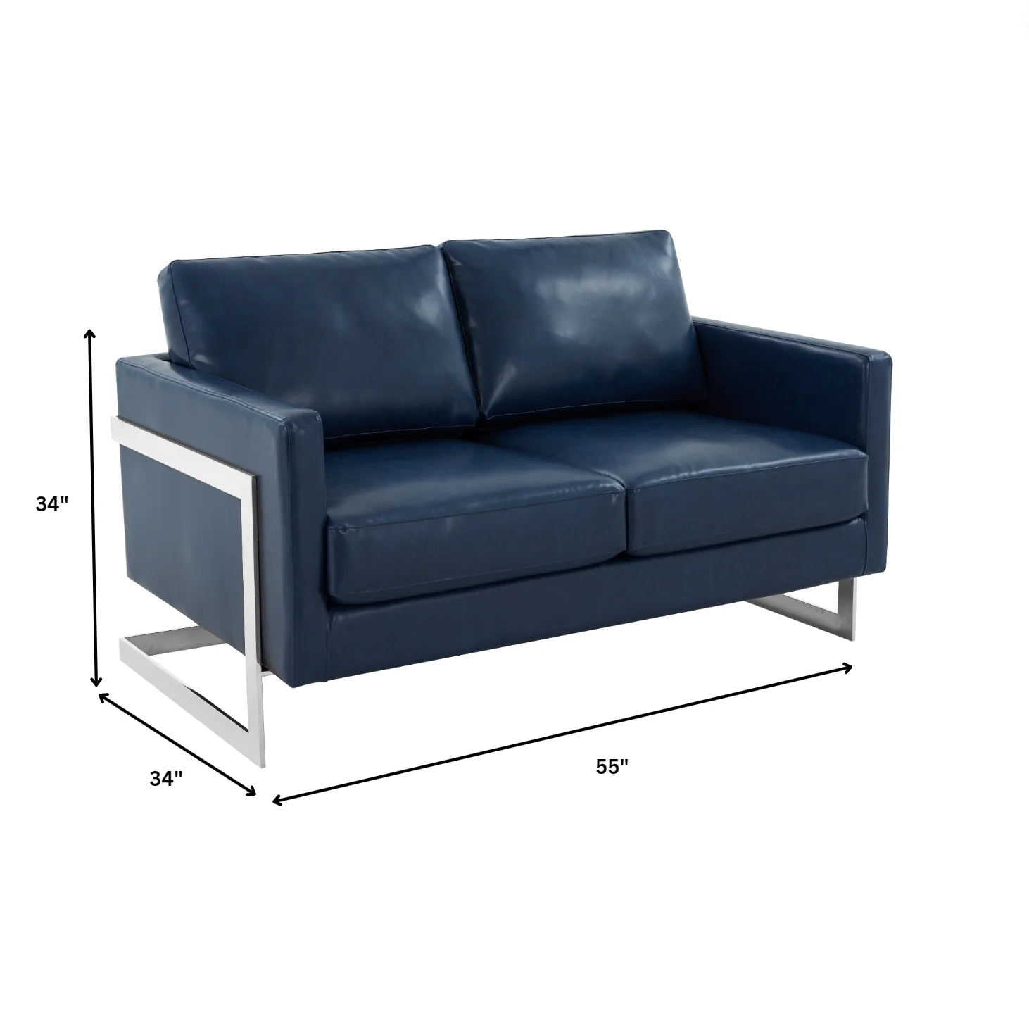 Lincoln Blue Leather Loveseat With Chromed Frame
