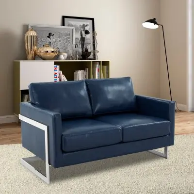 Lincoln Blue Leather Loveseat With Chromed Frame