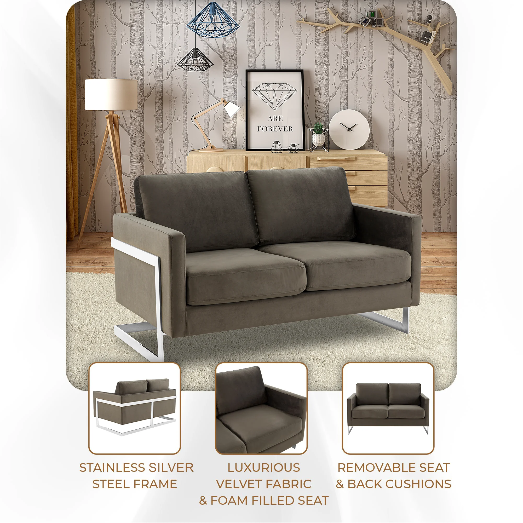 Lincoln Dark Grey Velvet Loveseat With Chromed Frame