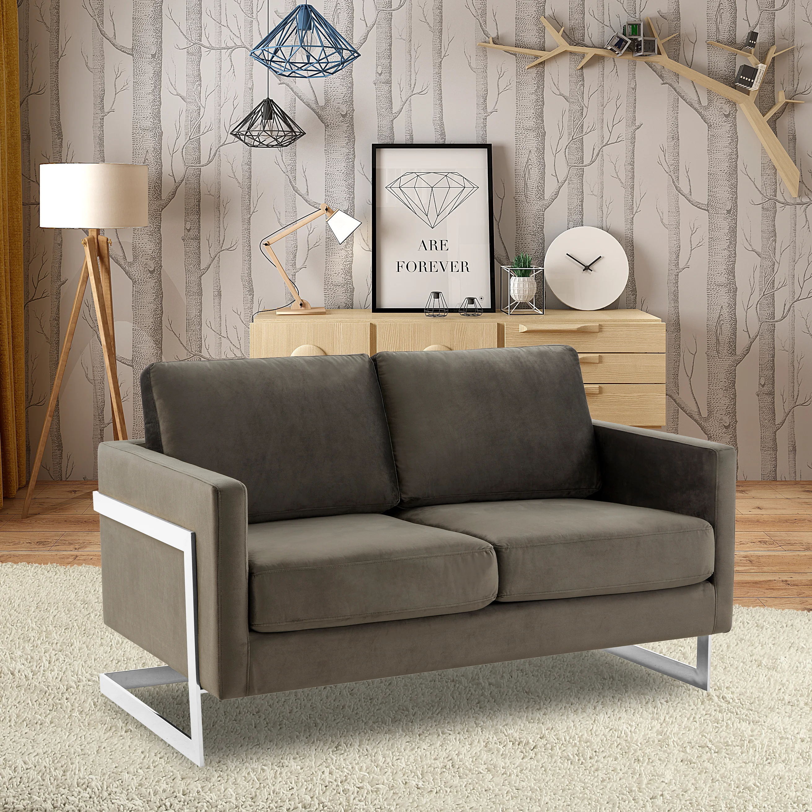 Lincoln Dark Grey Velvet Loveseat With Chromed Frame