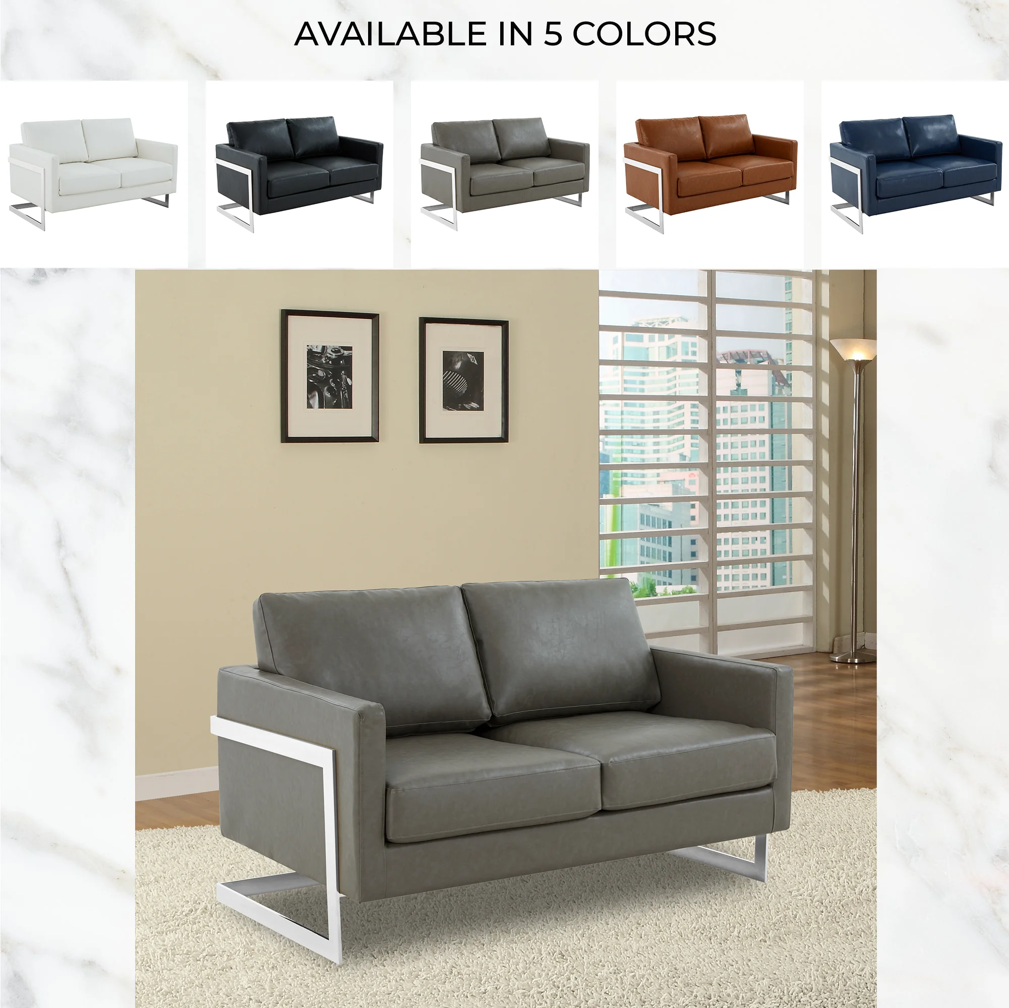 Lincoln Grey Leather Loveseat With Chromed Frame