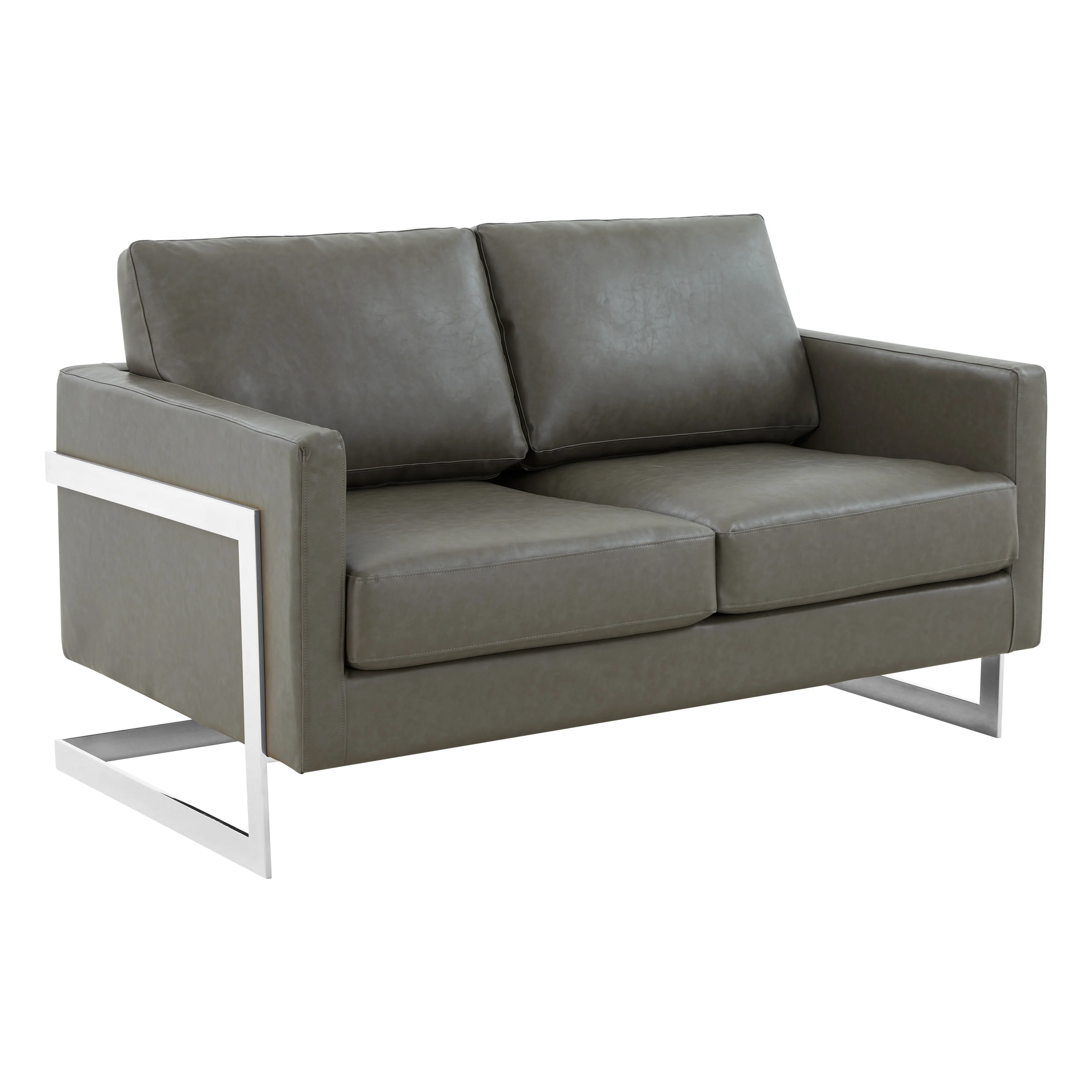 Lincoln Grey Leather Loveseat With Chromed Frame