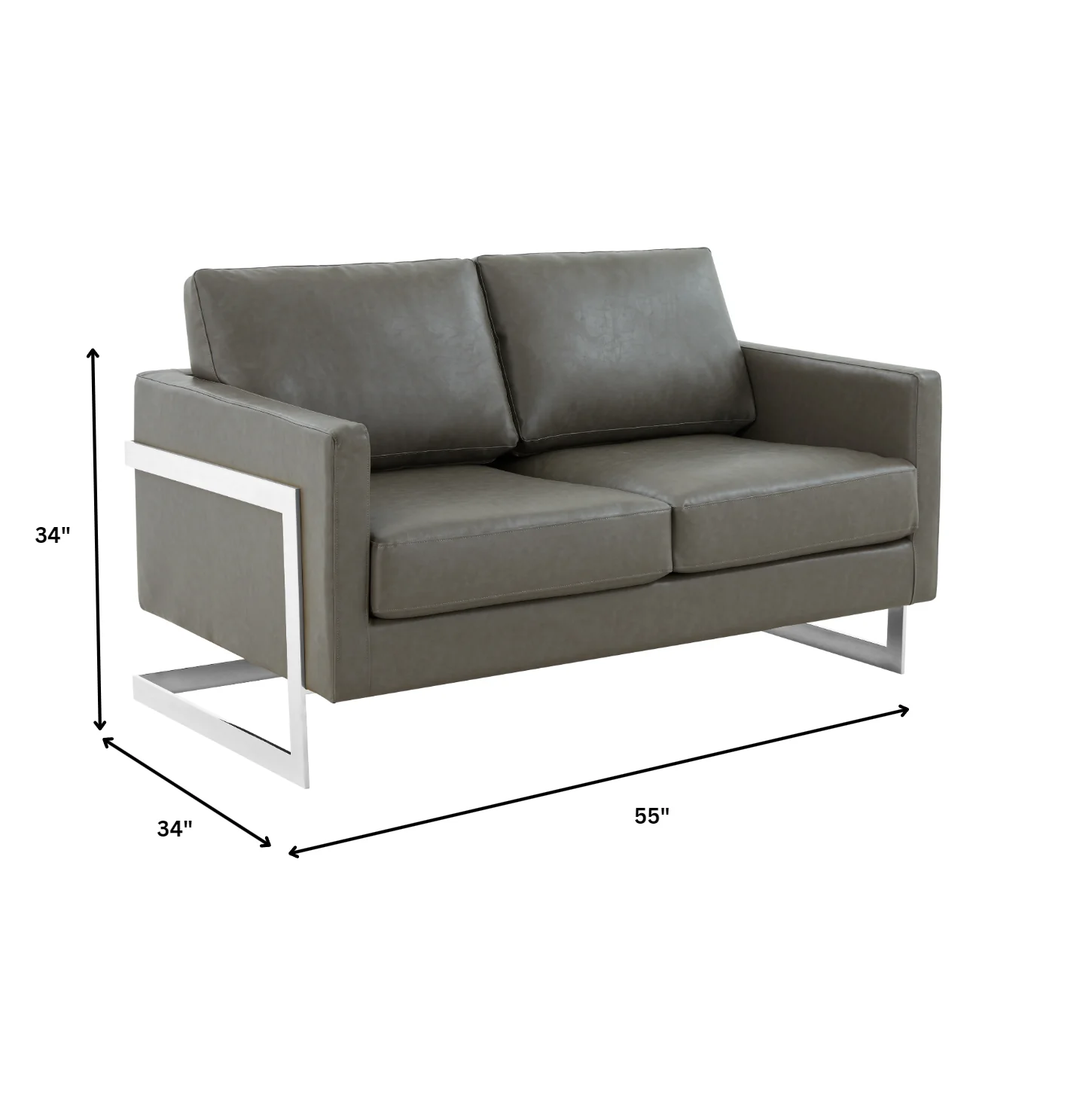 Lincoln Grey Leather Loveseat With Chromed Frame