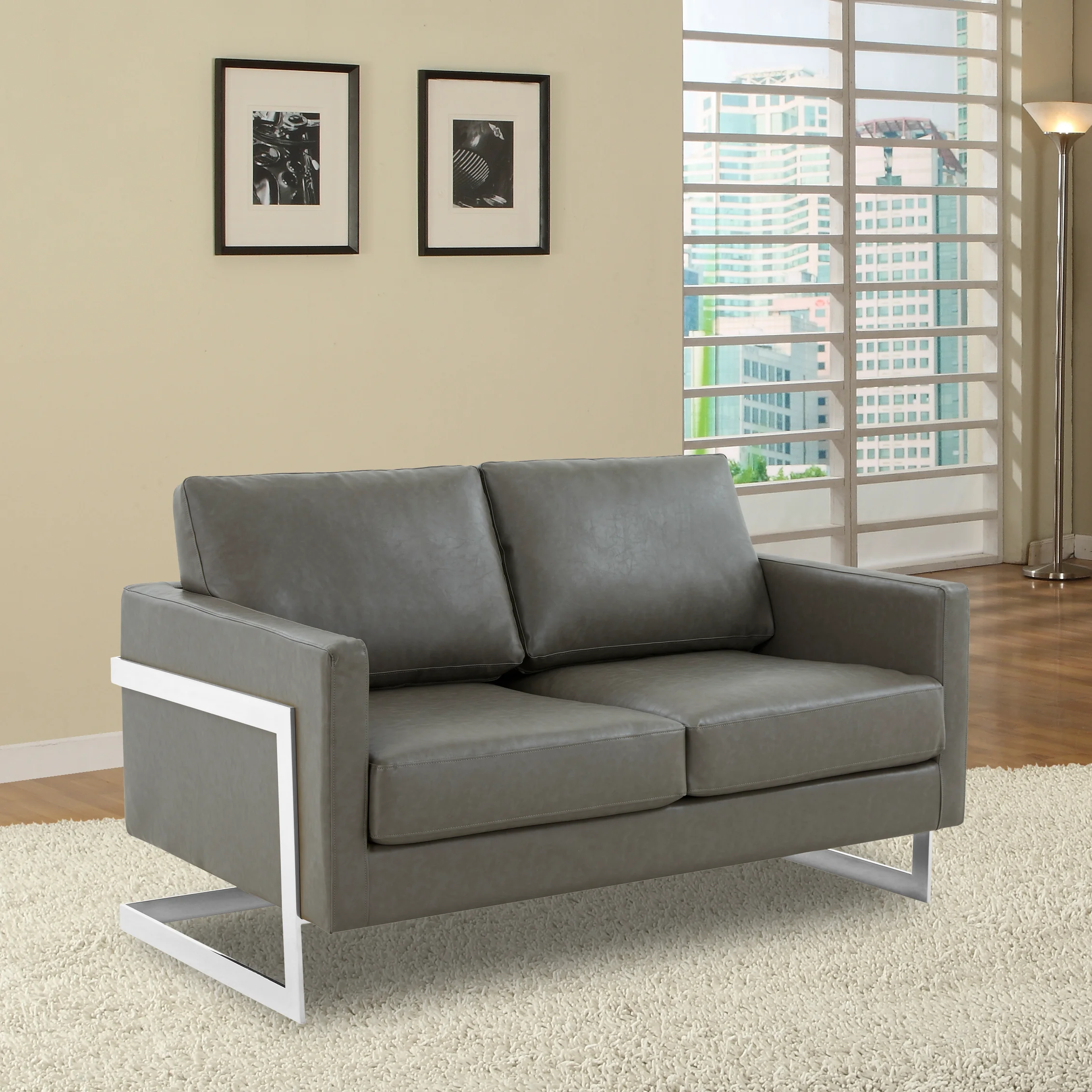 Lincoln Grey Leather Loveseat With Chromed Frame