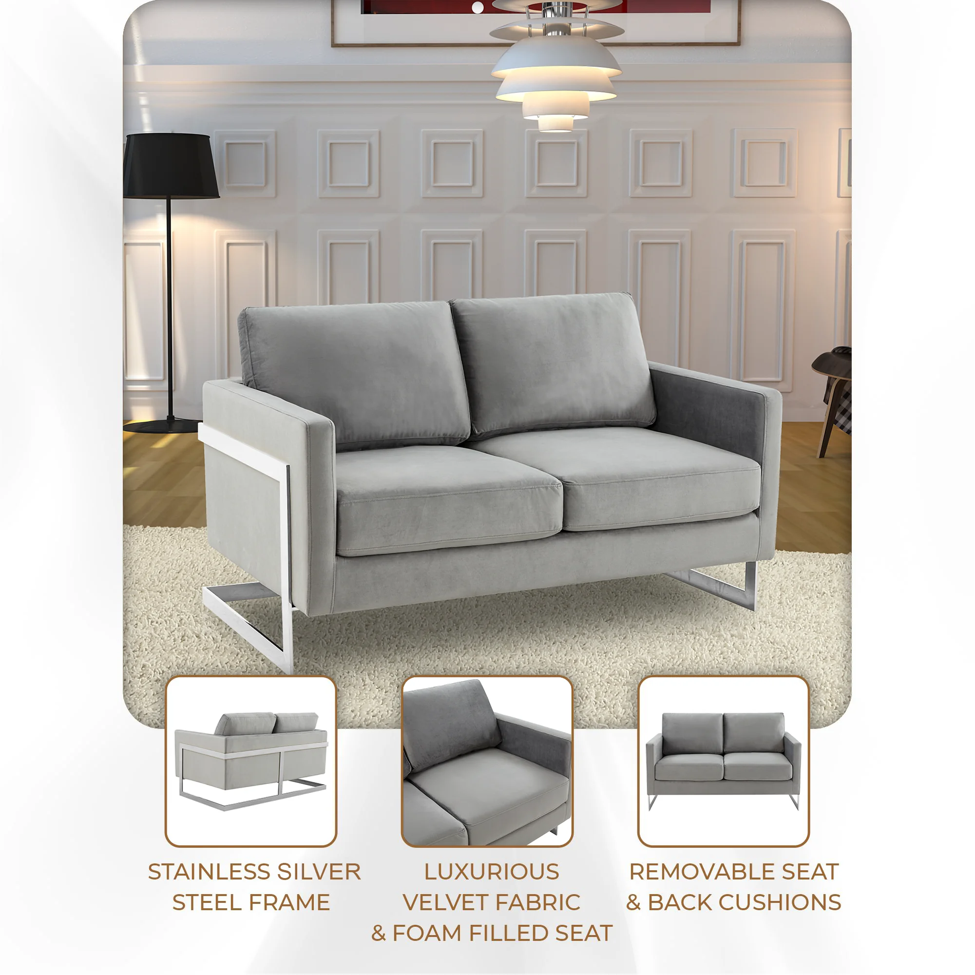 Lincoln Light Grey Velvet Loveseat With Chromed Frame