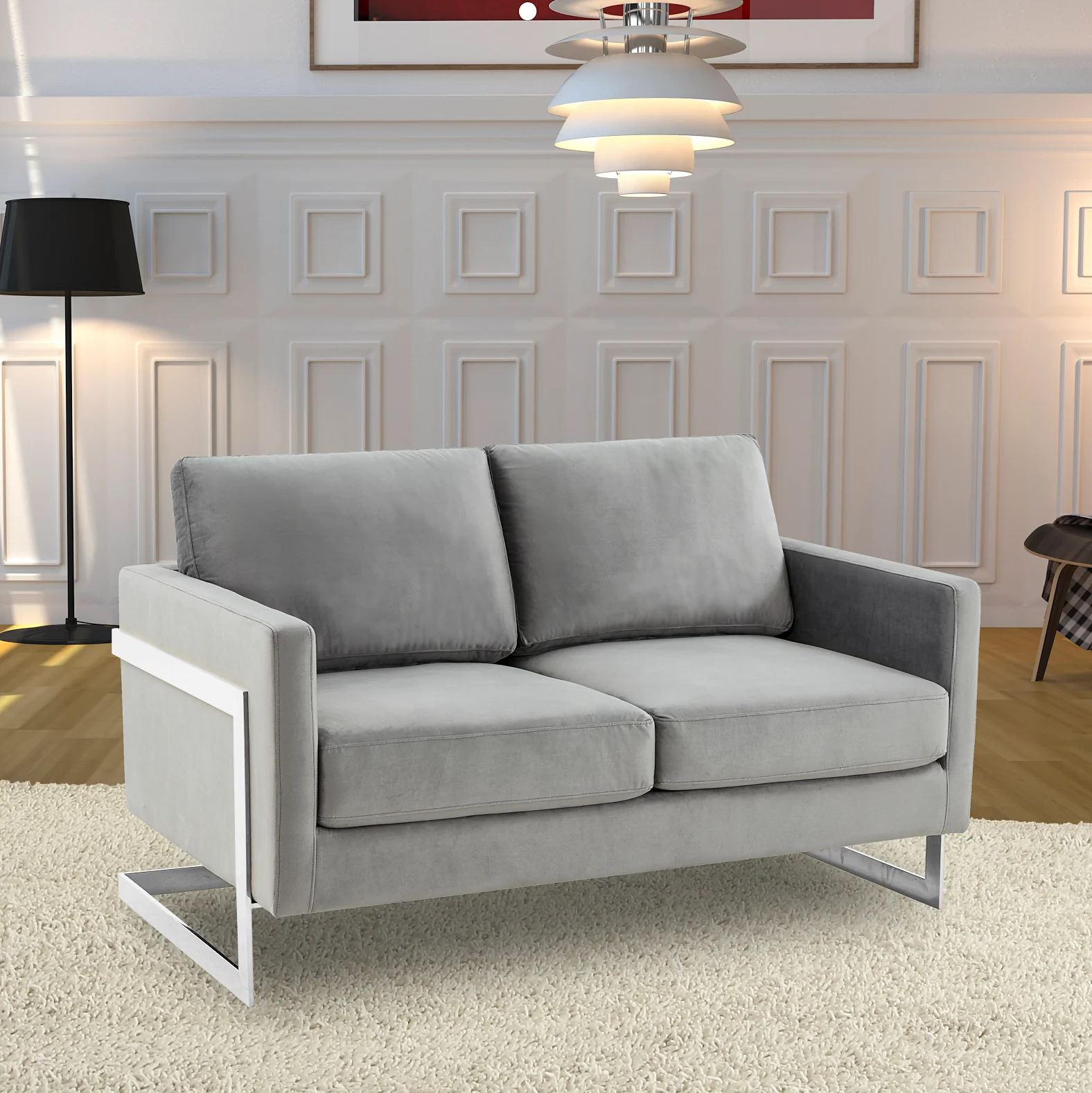 Lincoln Light Grey Velvet Loveseat With Chromed Frame