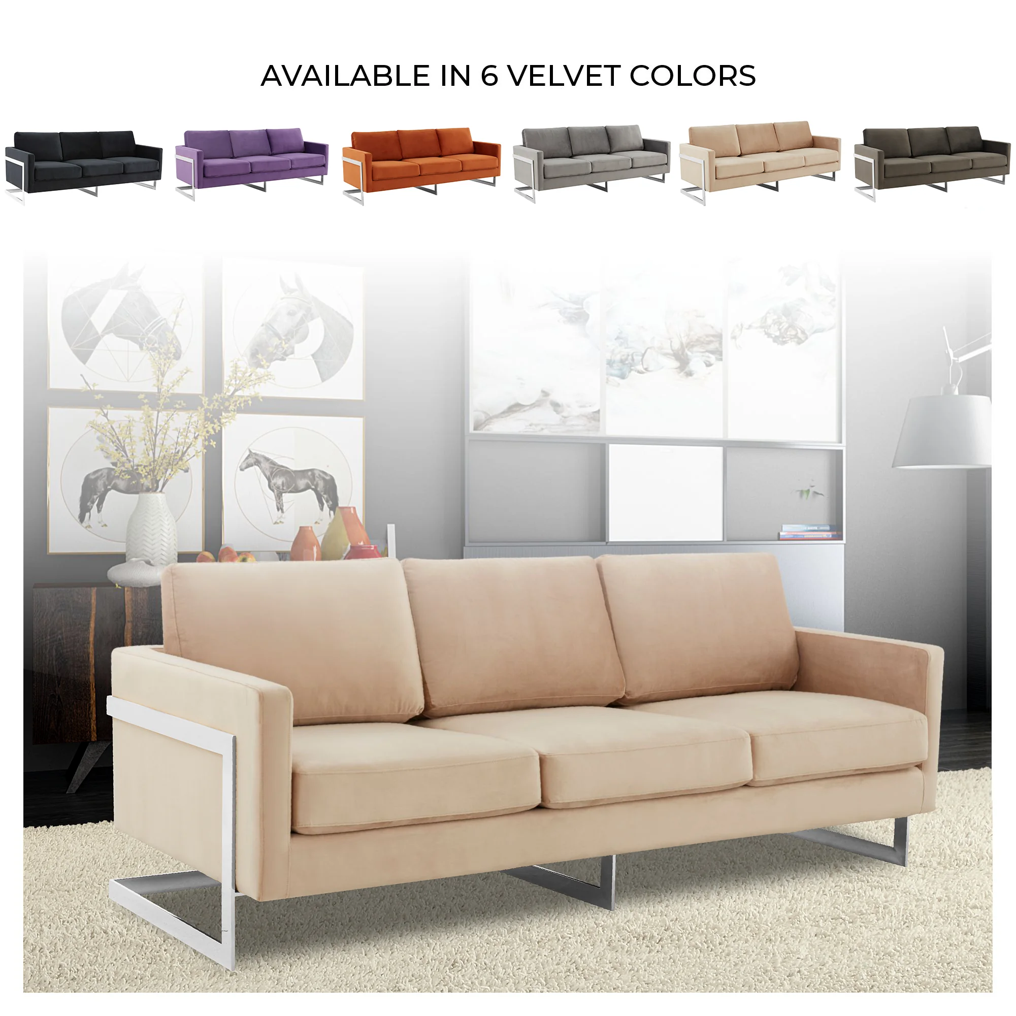 Lincoln Beige Velvet Sofa With Chromed Frame