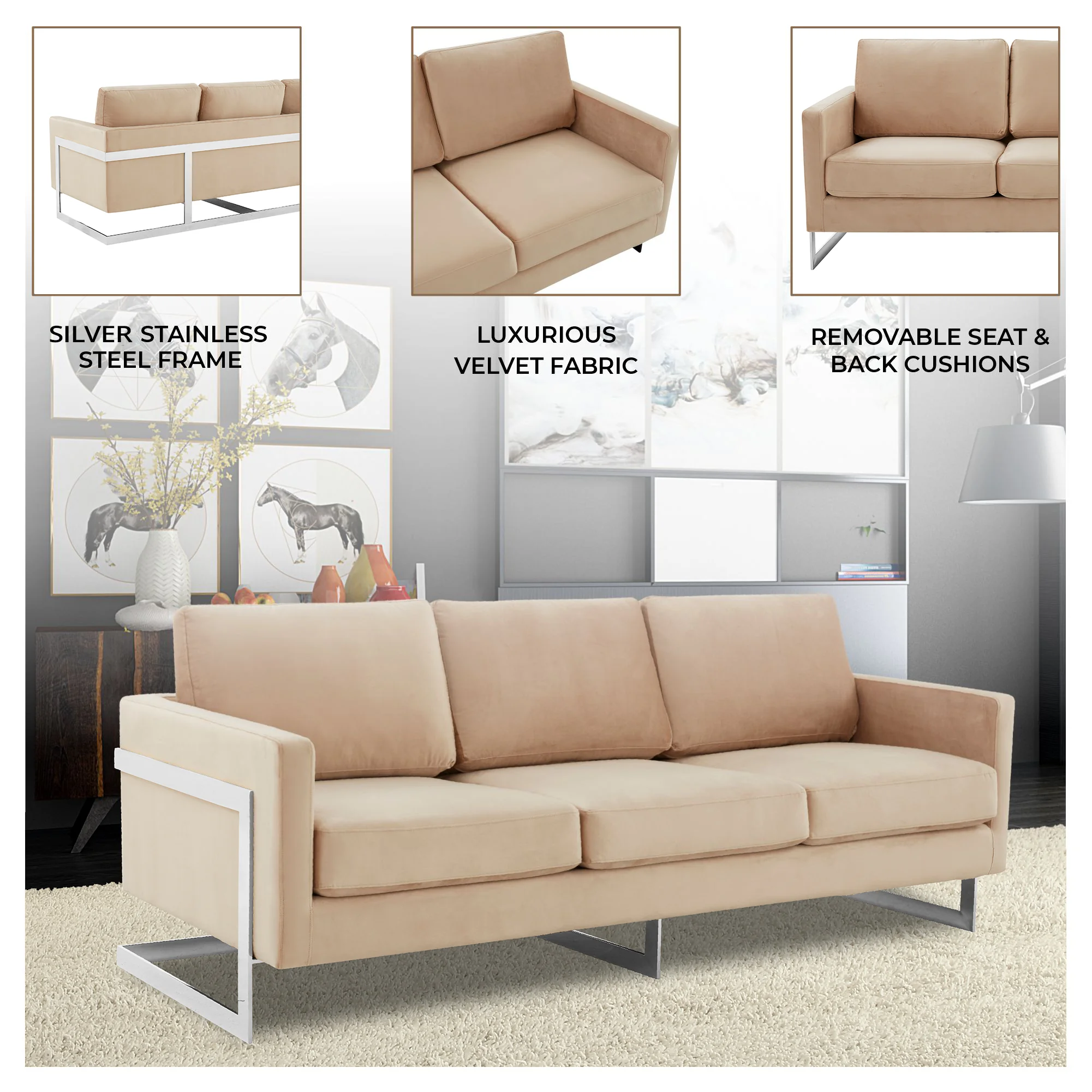 Lincoln Beige Velvet Sofa With Chromed Frame