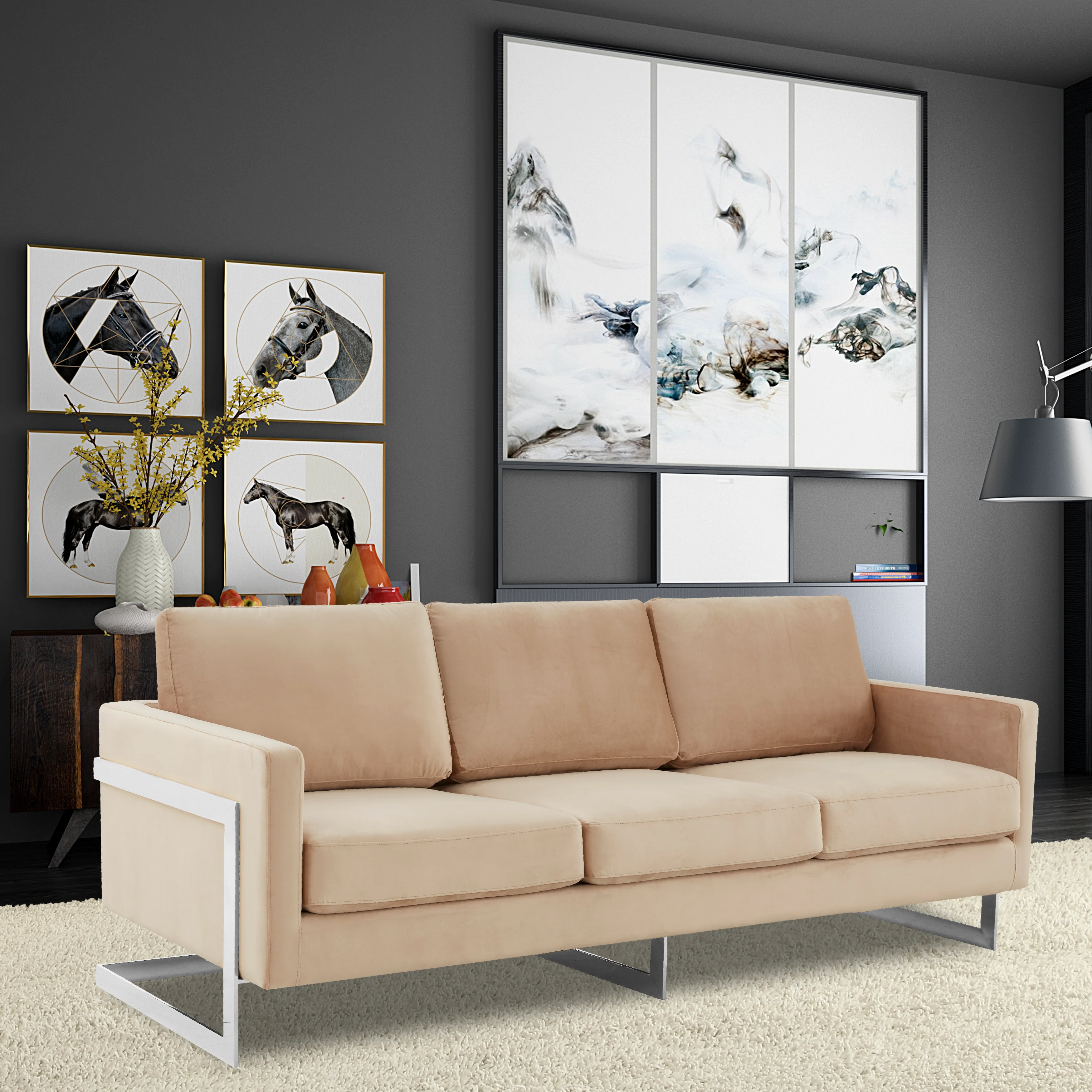 Lincoln Beige Velvet Sofa With Chromed Frame