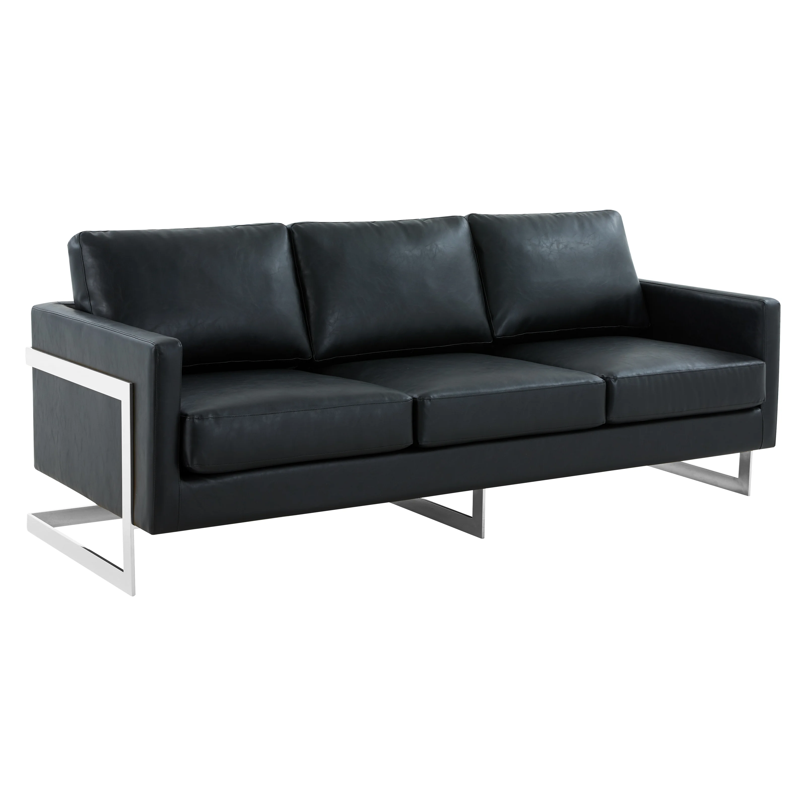 Lincoln Black Leather Sofa With Chromed Frame