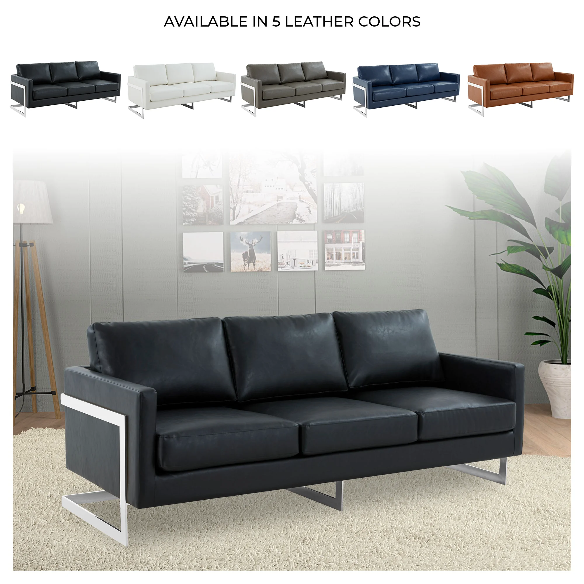 Lincoln Black Leather Sofa With Chromed Frame