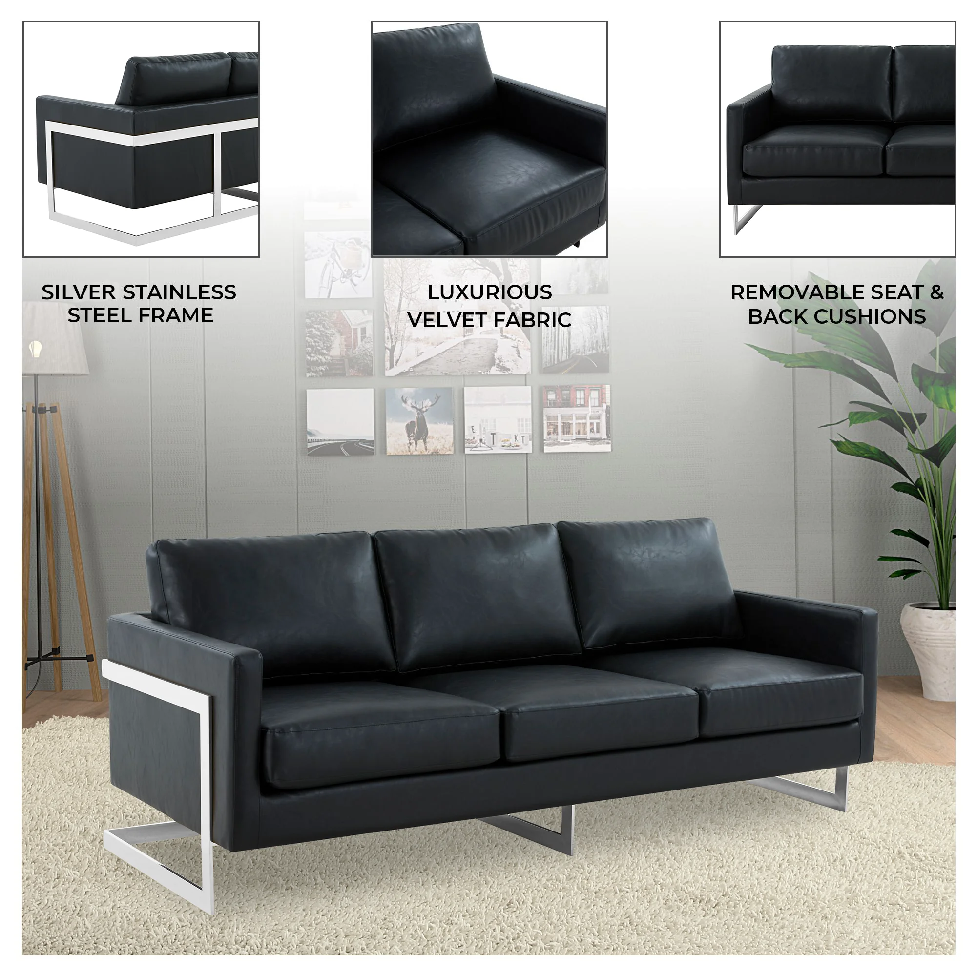 Lincoln Black Leather Sofa With Chromed Frame