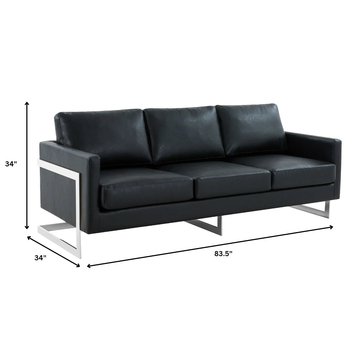 Lincoln Black Leather Sofa With Chromed Frame