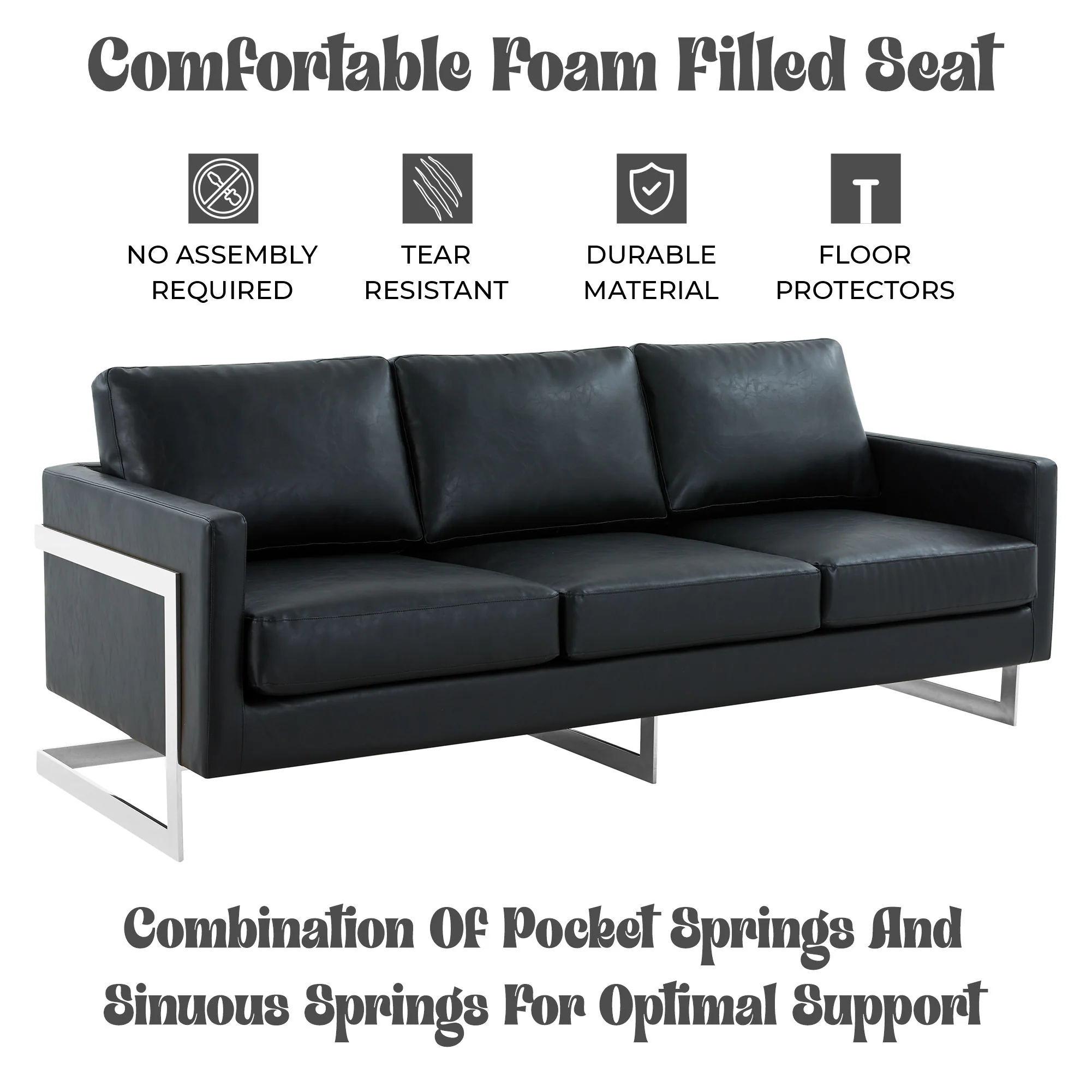 Lincoln Black Leather Sofa With Chromed Frame