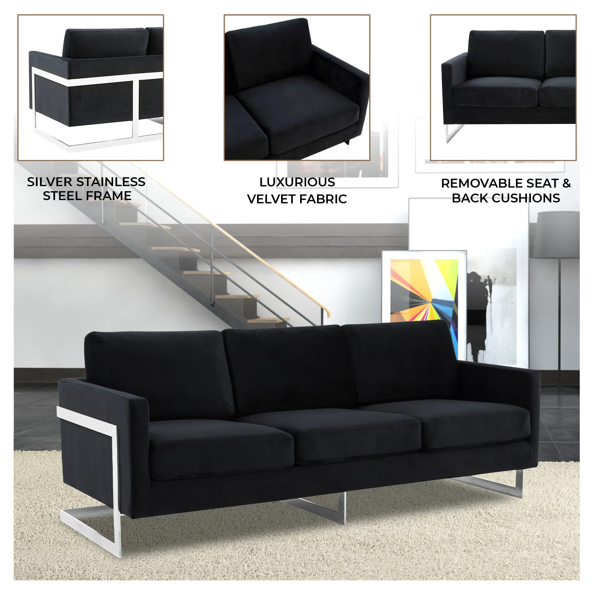 Lincoln Black Velvet Sofa With Chromed Frame