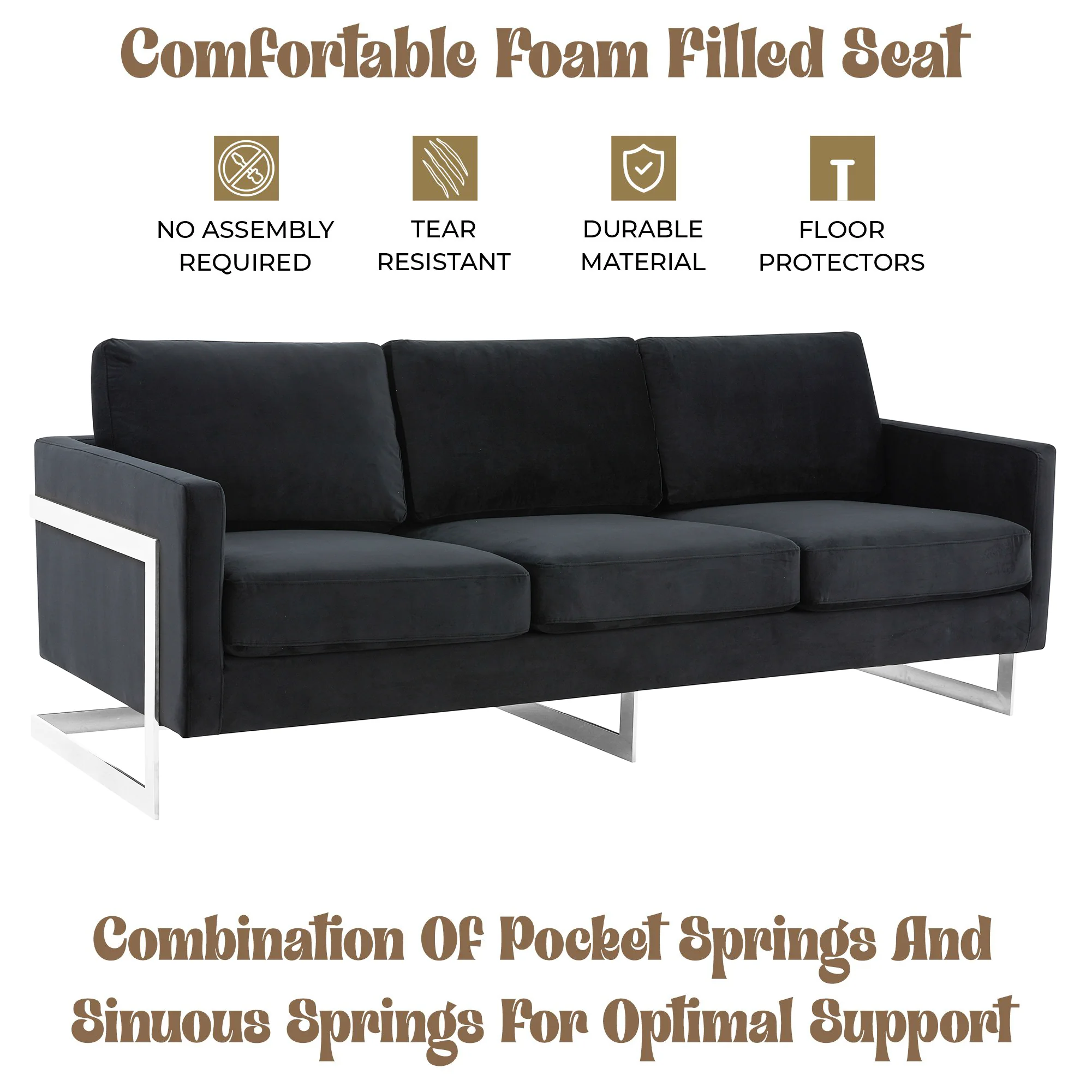 Lincoln Black Velvet Sofa With Chromed Frame