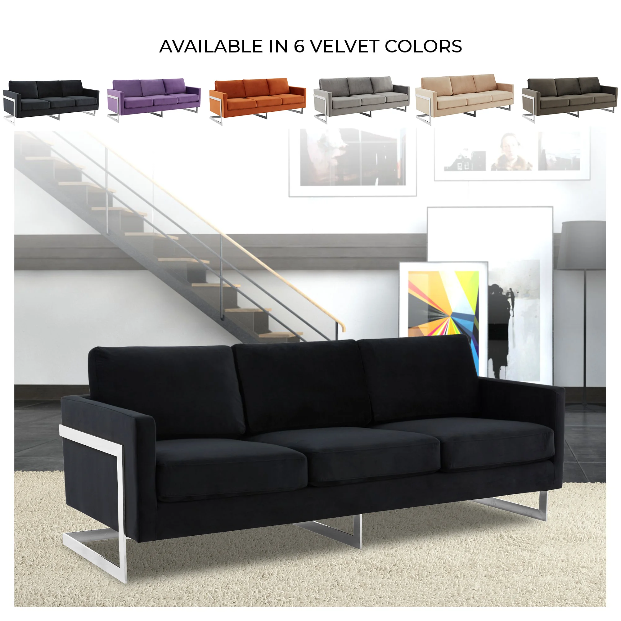 Lincoln Black Velvet Sofa With Chromed Frame