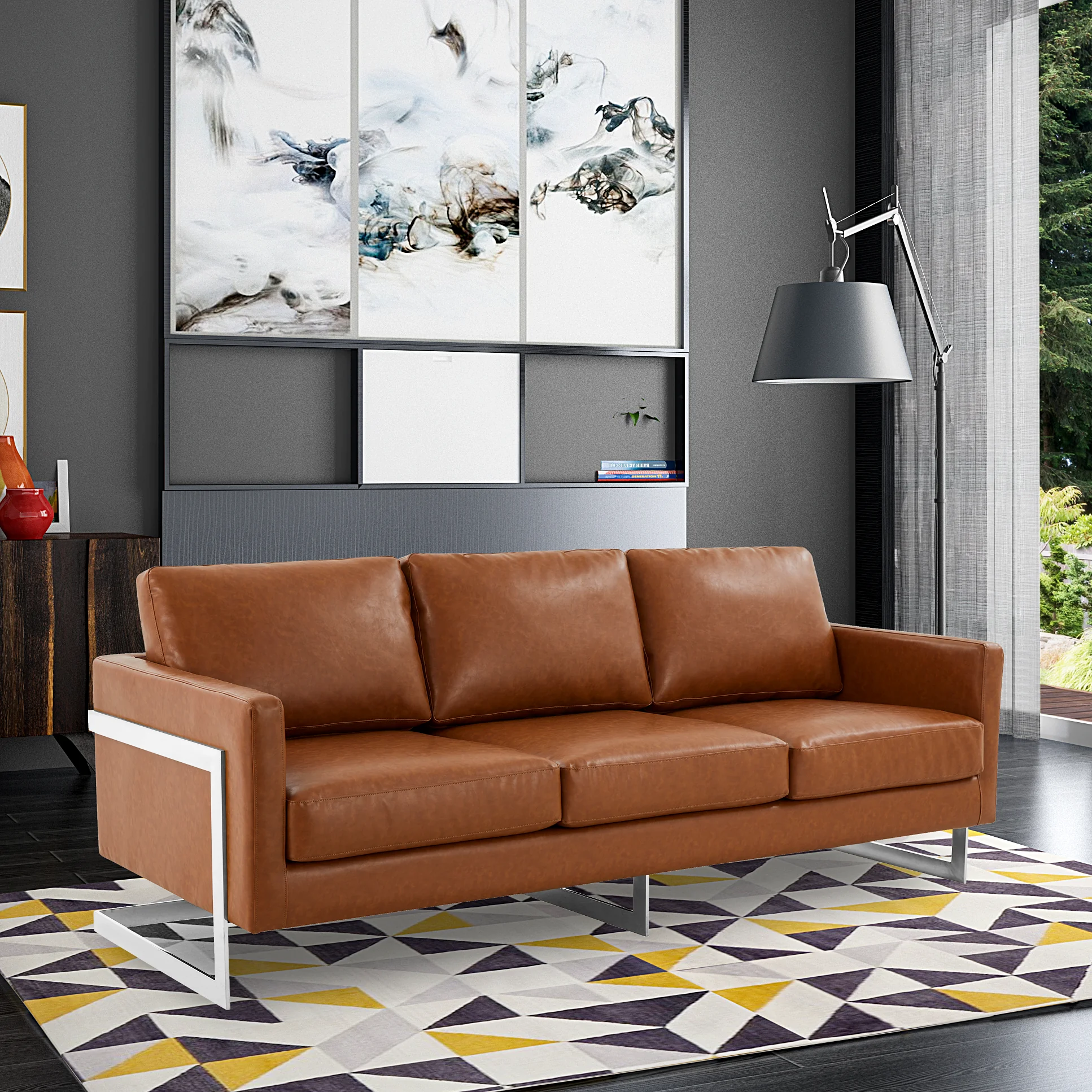 Lincoln Brown Leather Sofa With Chromed Frame