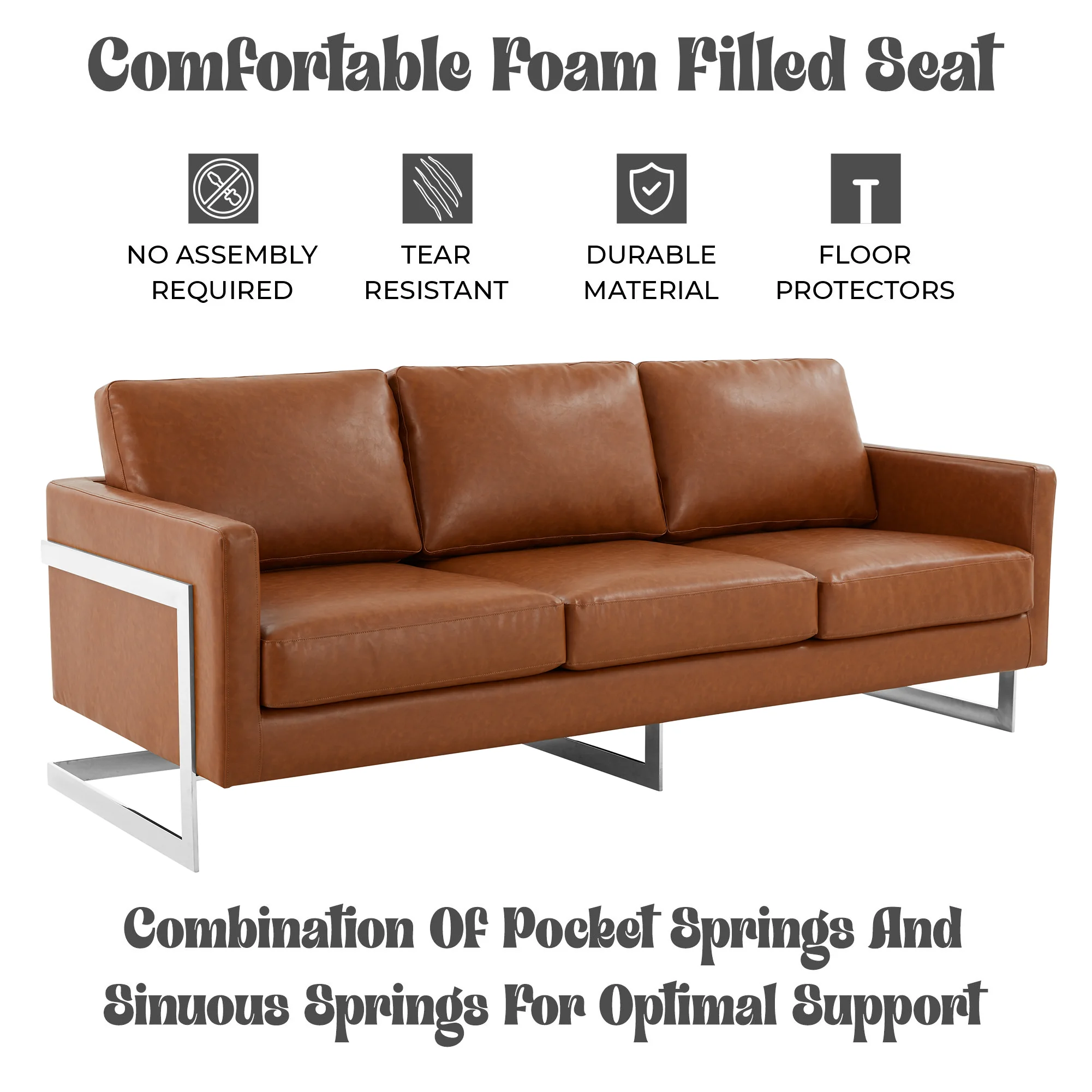 Lincoln Brown Leather Sofa With Chromed Frame