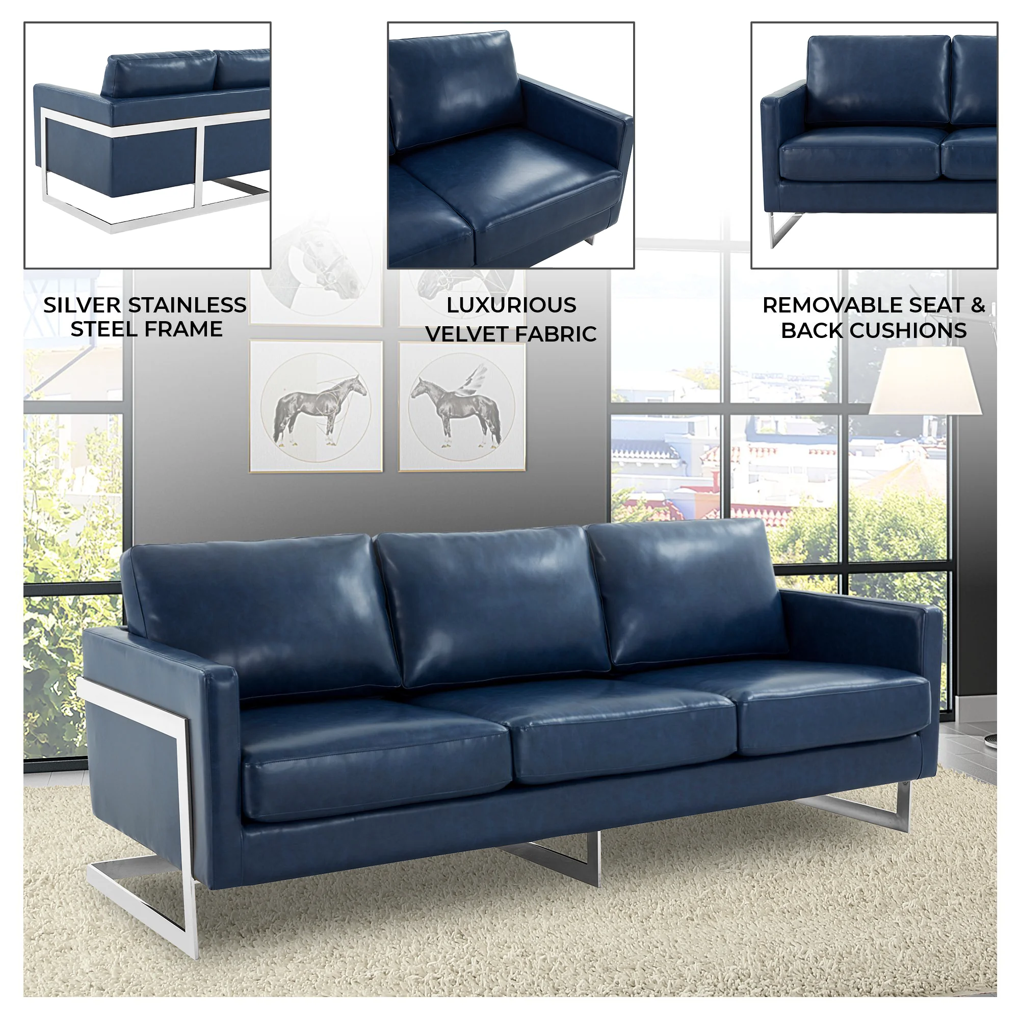 Lincoln Blue Leather Sofa With Chromed Frame