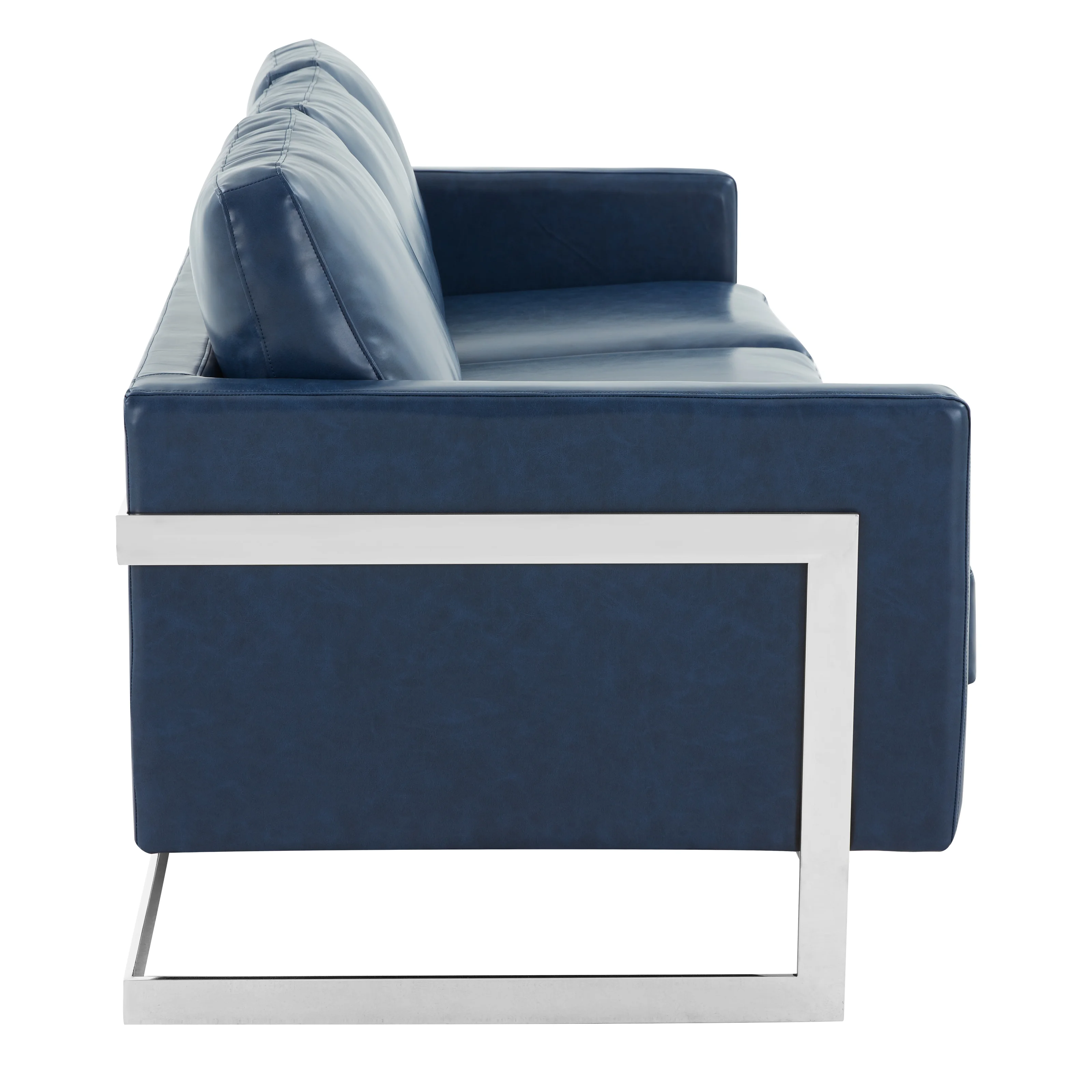 Lincoln Blue Leather Sofa With Chromed Frame