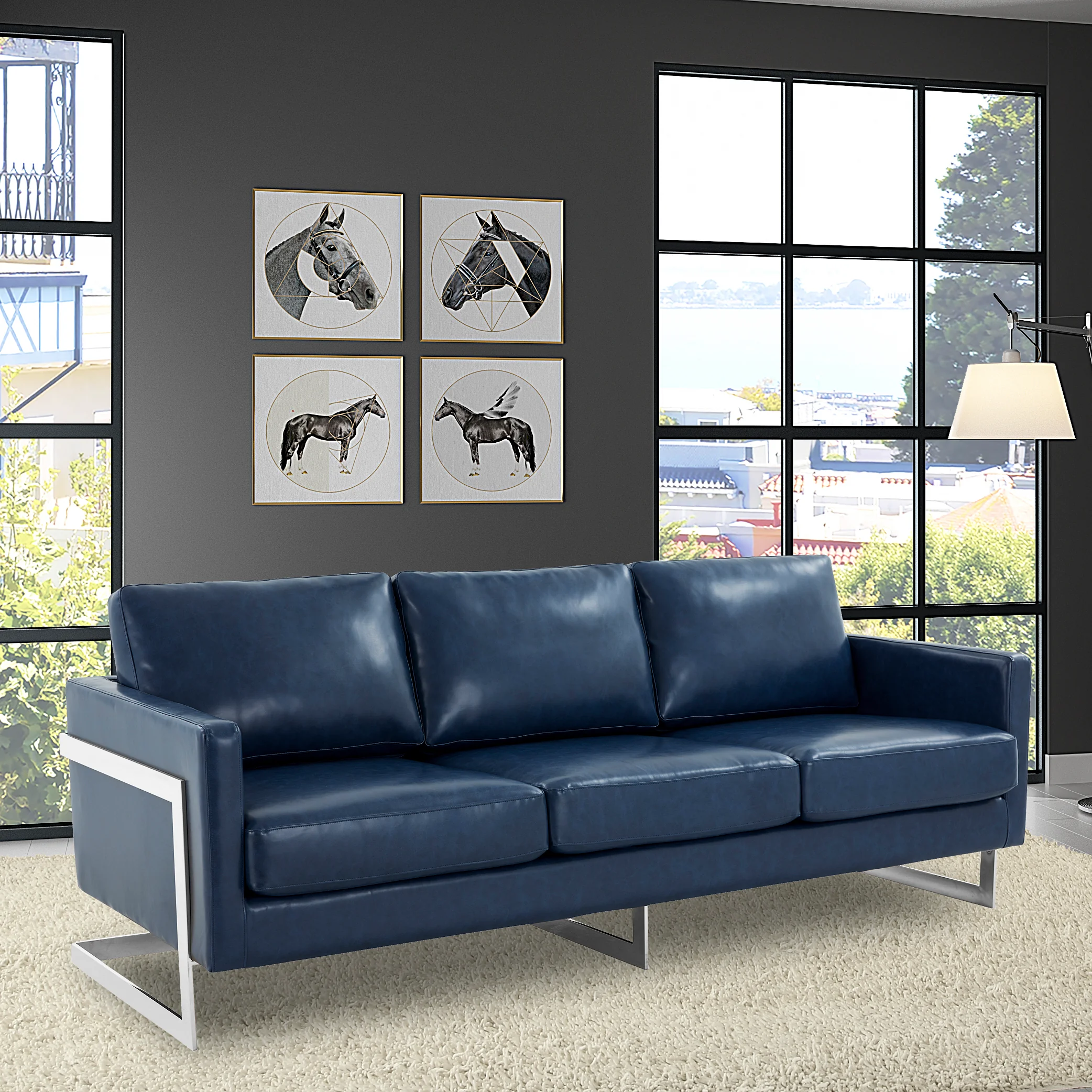 Lincoln Blue Leather Sofa With Chromed Frame