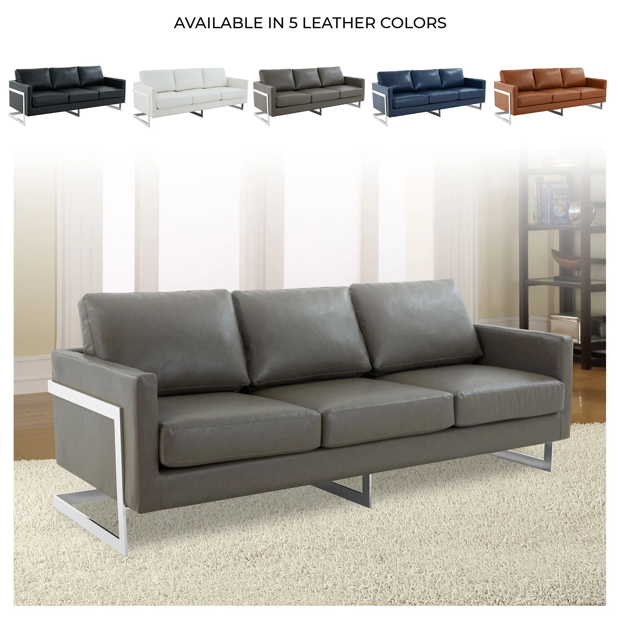 Lincoln Grey Leather Sofa With Chromed Frame