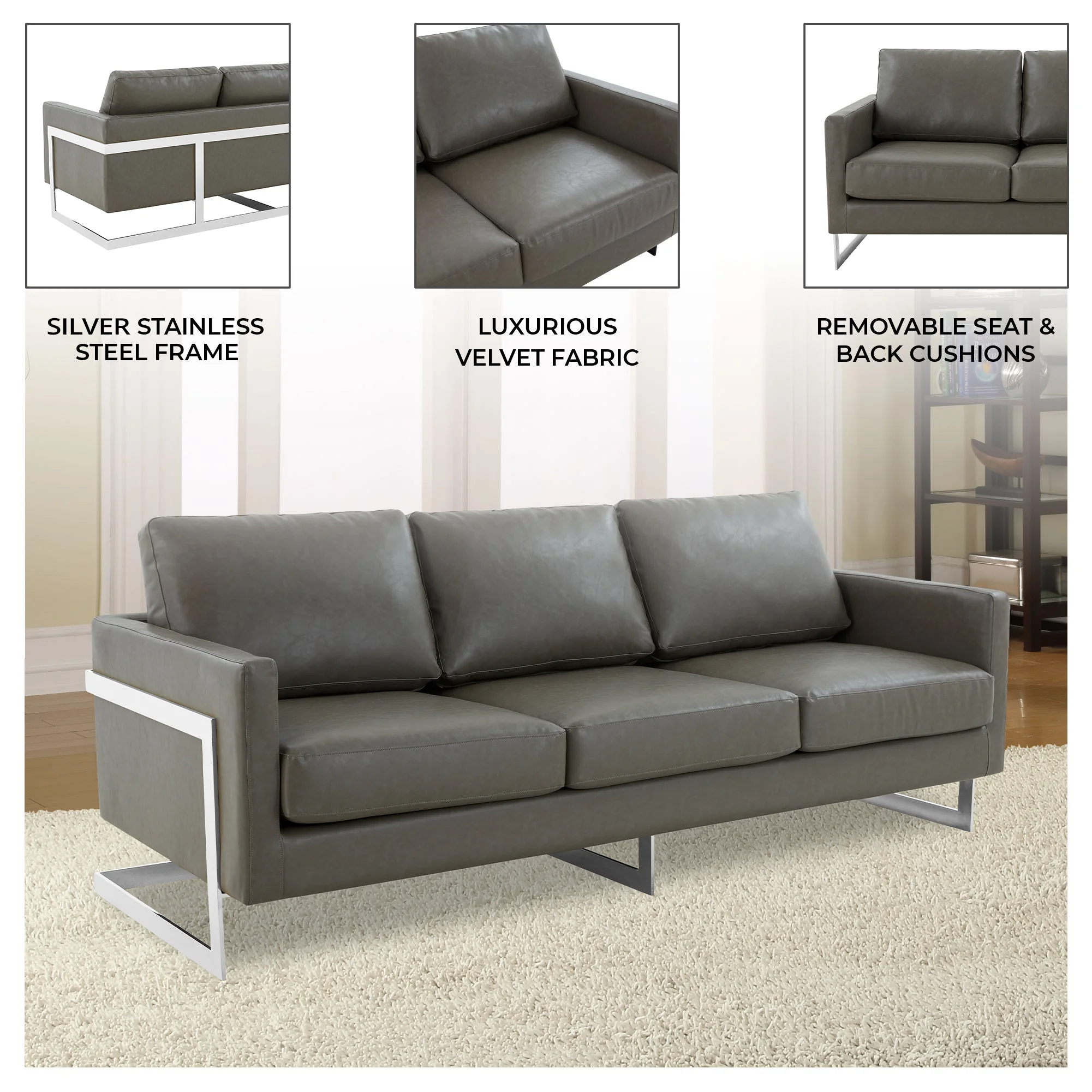 Lincoln Grey Leather Sofa With Chromed Frame