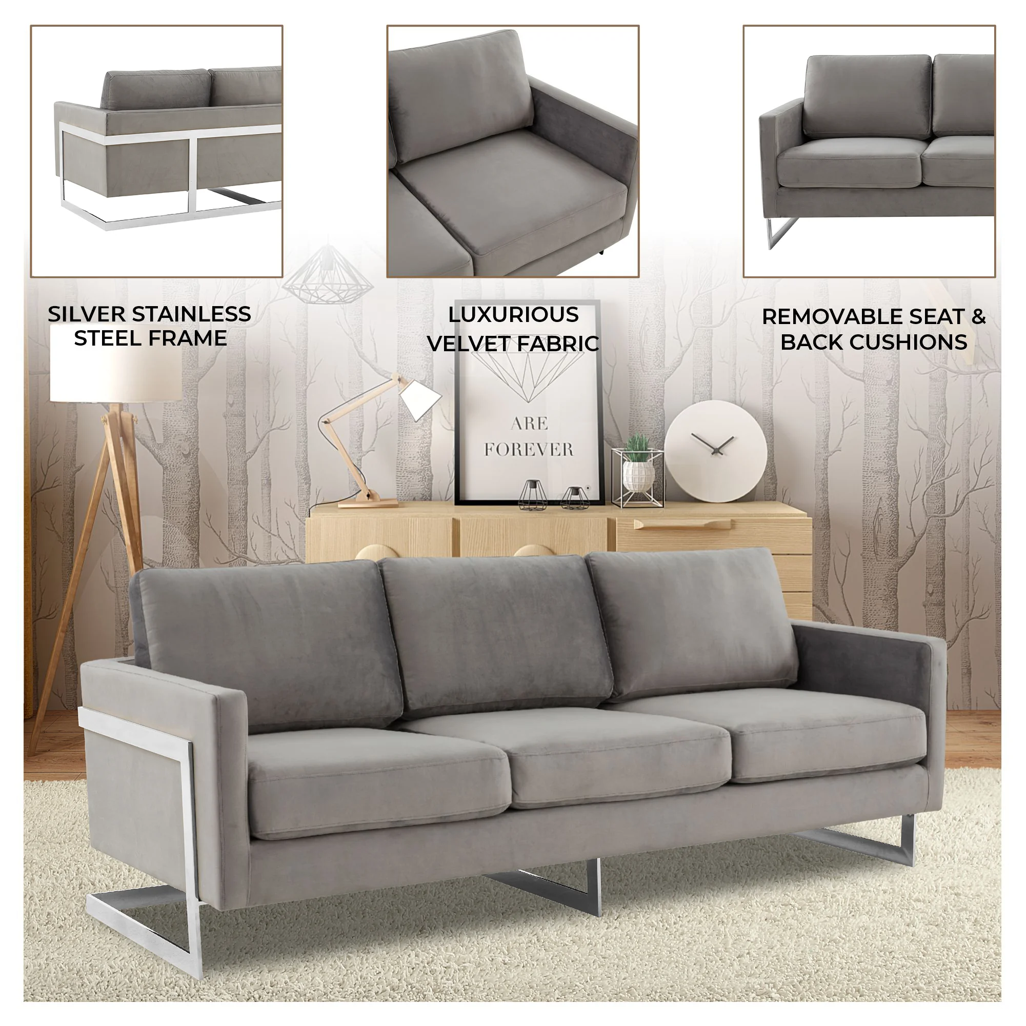 Lincoln Light Grey Velvet Sofa With Chromed Frame