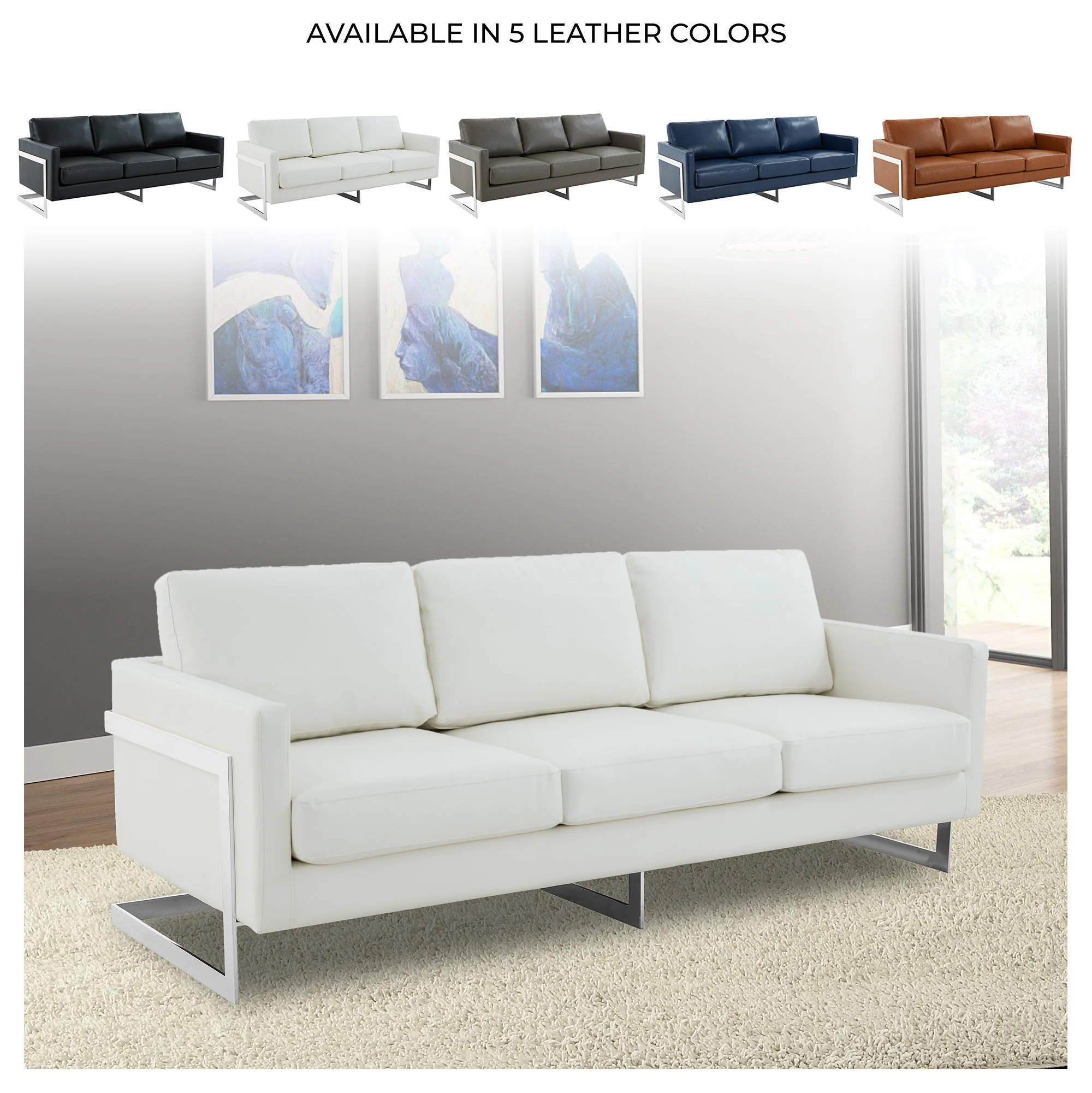 Lincoln White Leather Sofa With Chromed Frame
