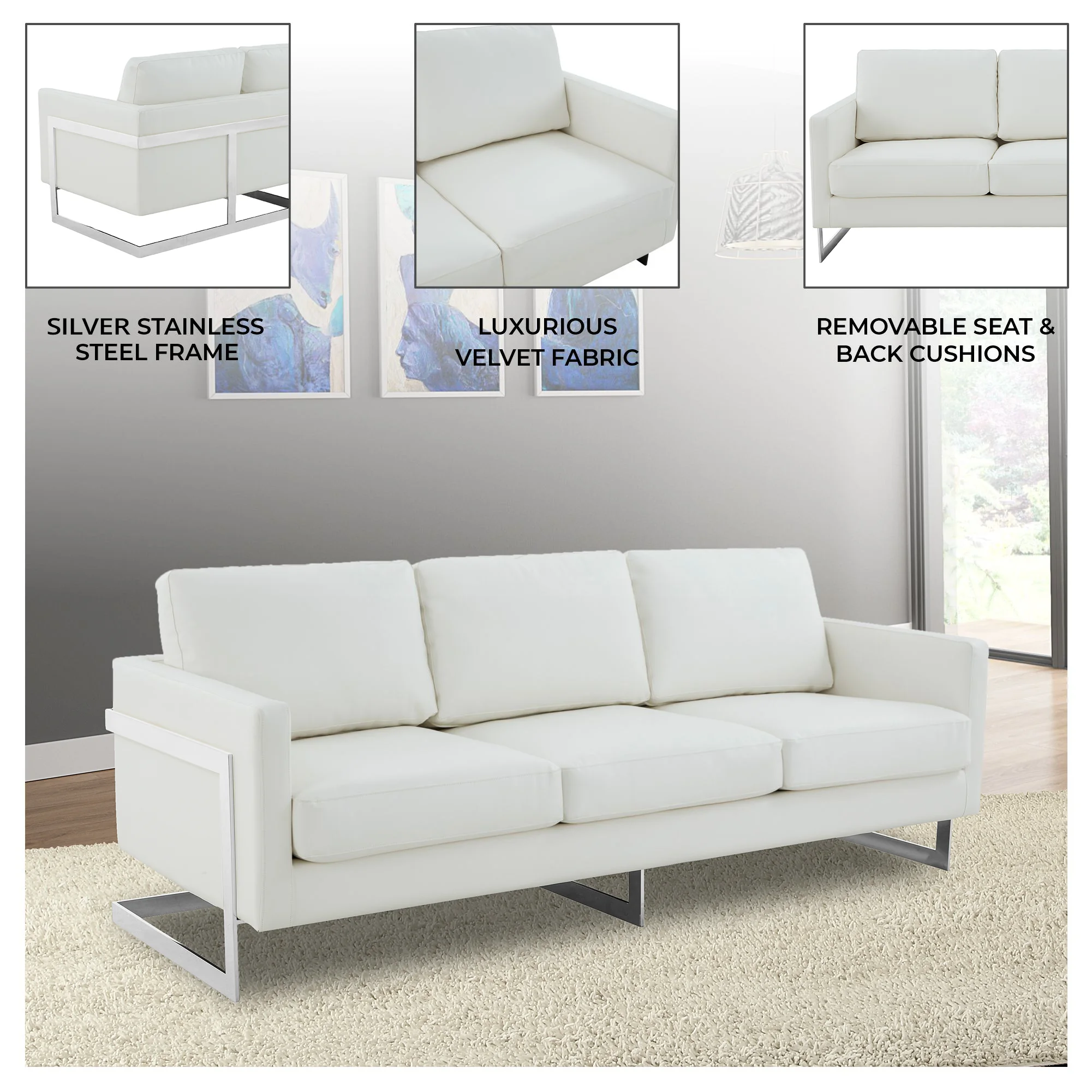 Lincoln White Leather Sofa With Chromed Frame