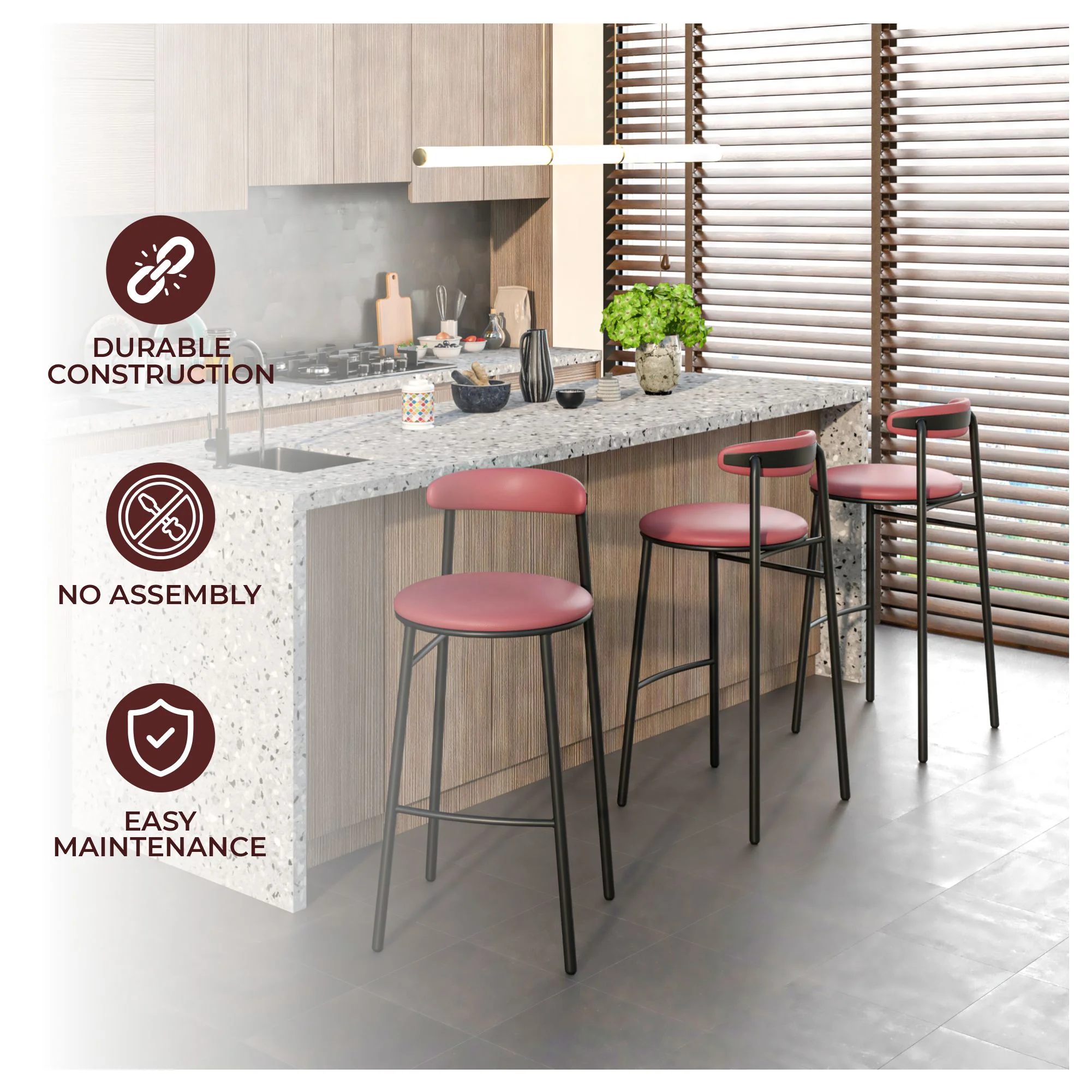 Lume Collection Modern Bar Stool in Burgundy