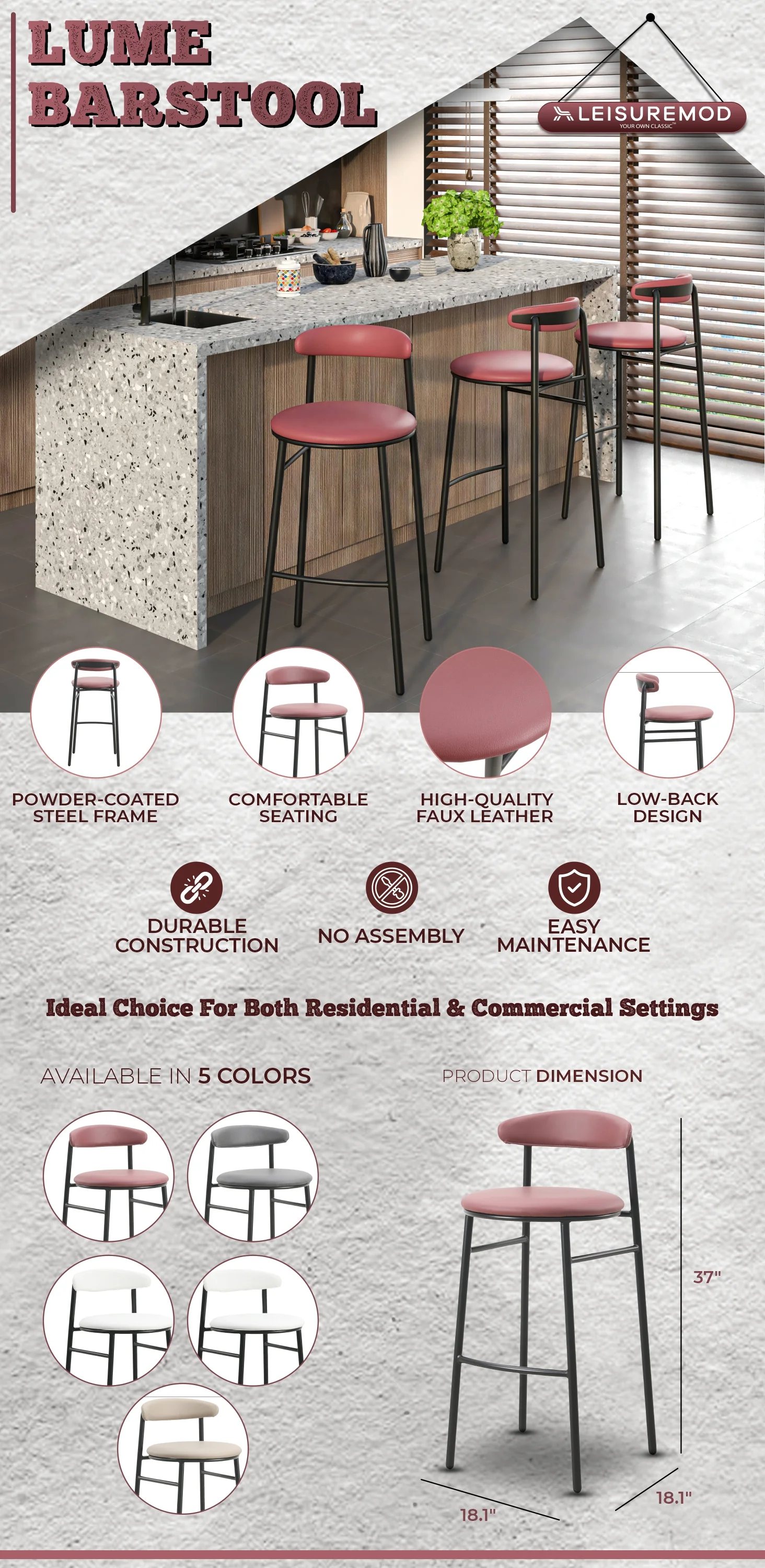 Lume Collection Modern Bar Stool in Burgundy