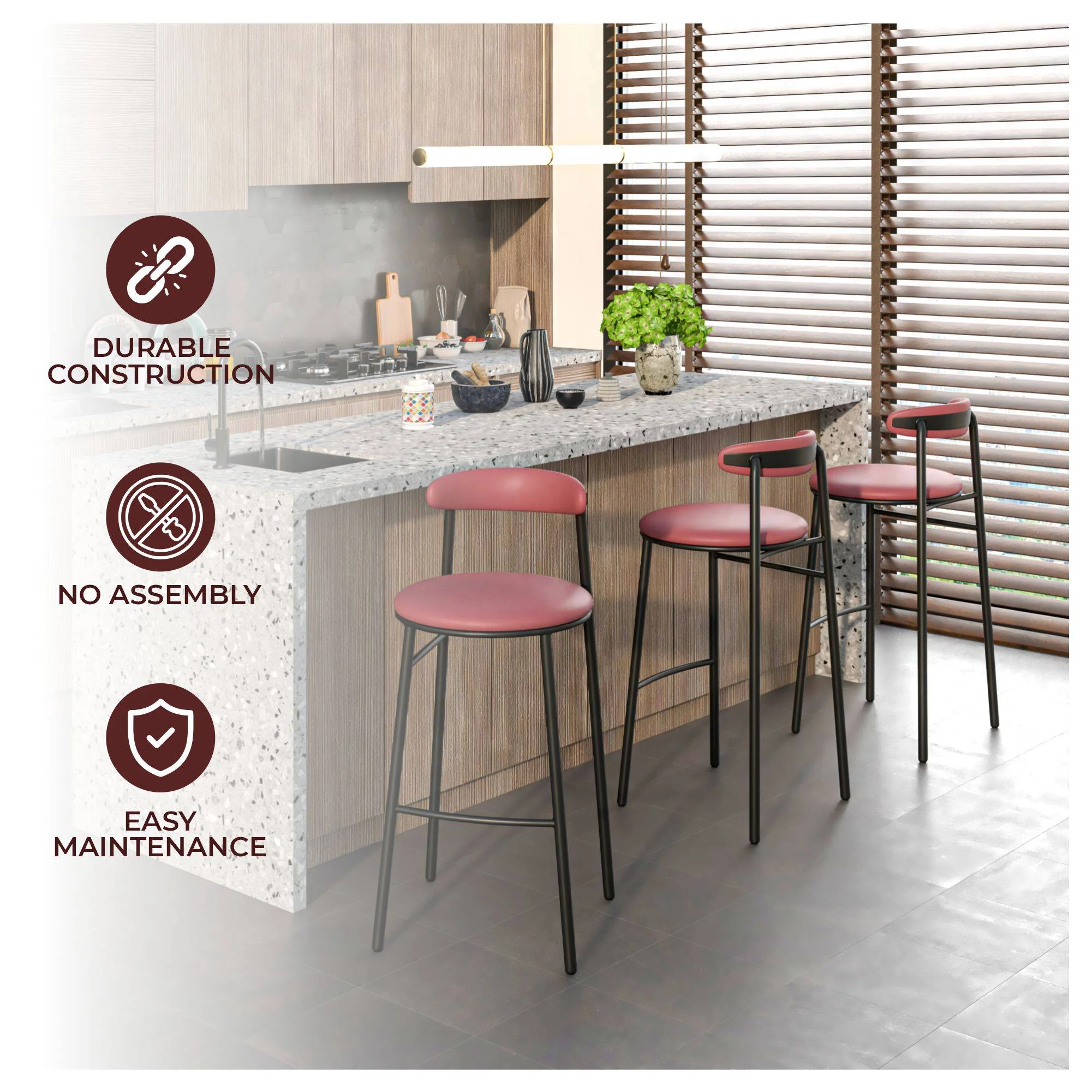 Lume Collection Modern Bar Stool in Burgundy Set of 2