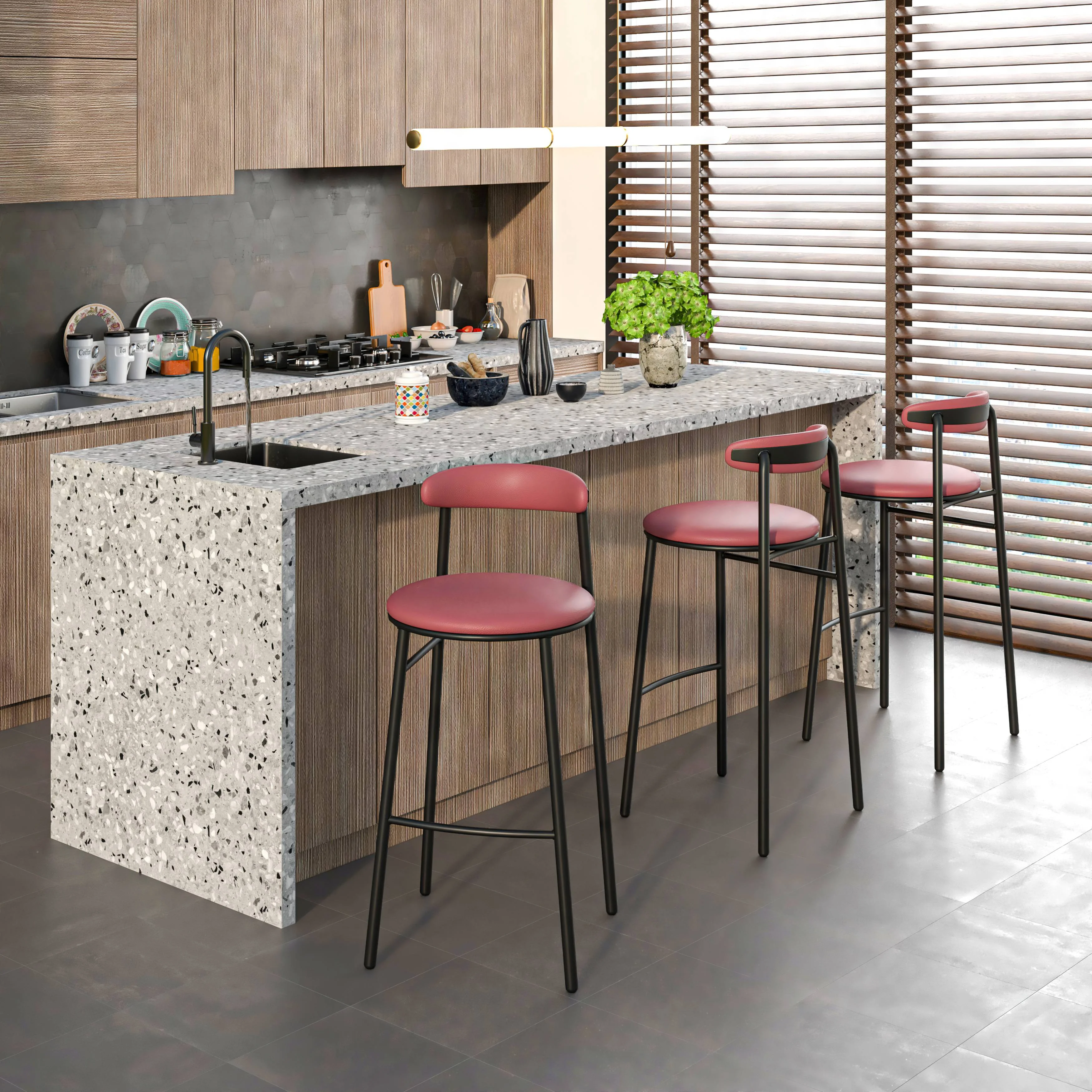 Lume Collection Modern Bar Stool in Burgundy Set of 2