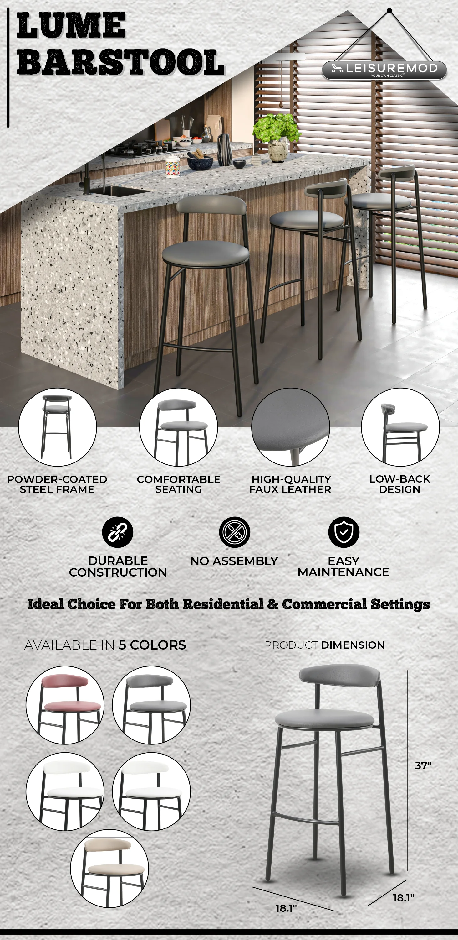 Lume Collection Modern Bar Stool in Charcoal