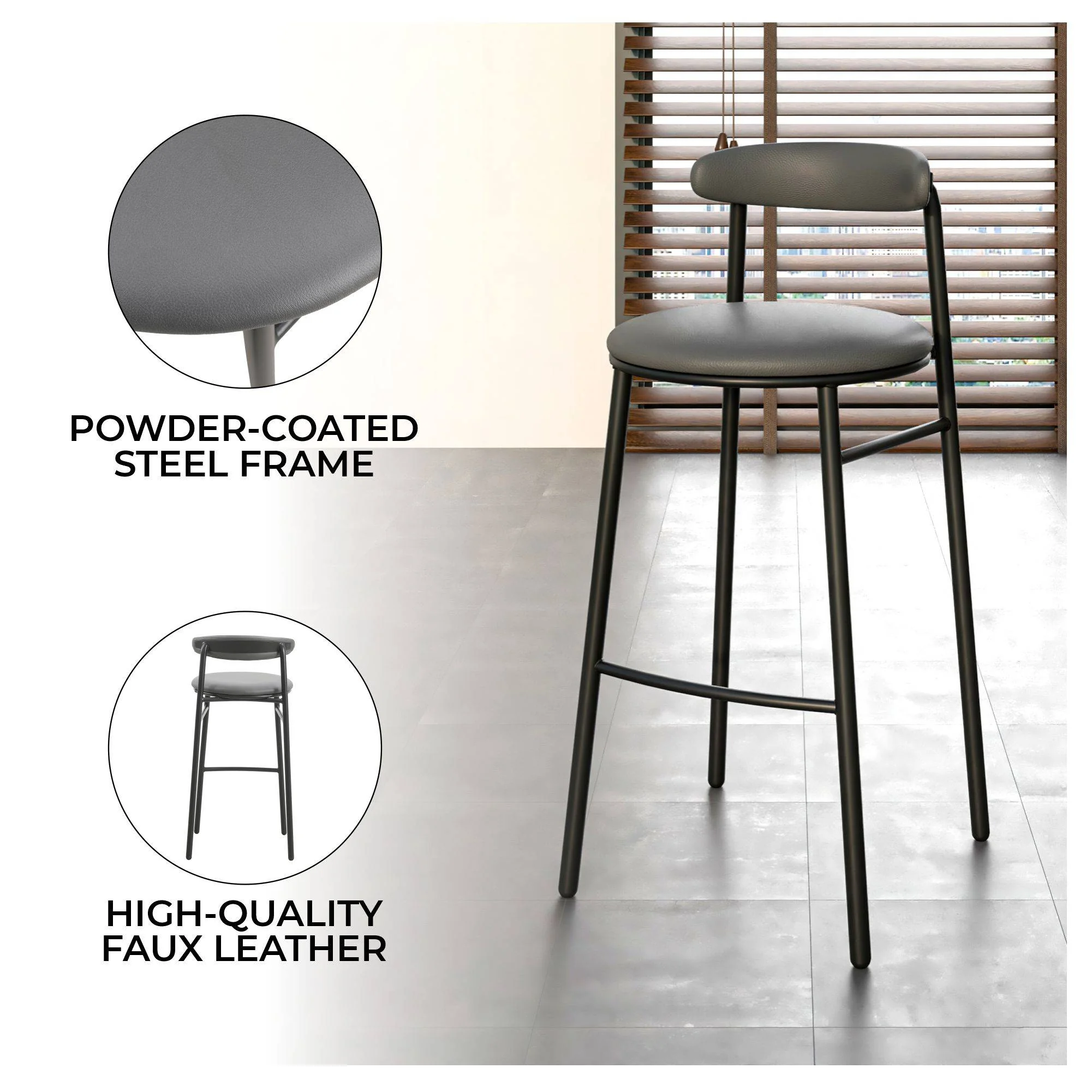 Lume Collection Modern Bar Stool in Charcoal Set of 2