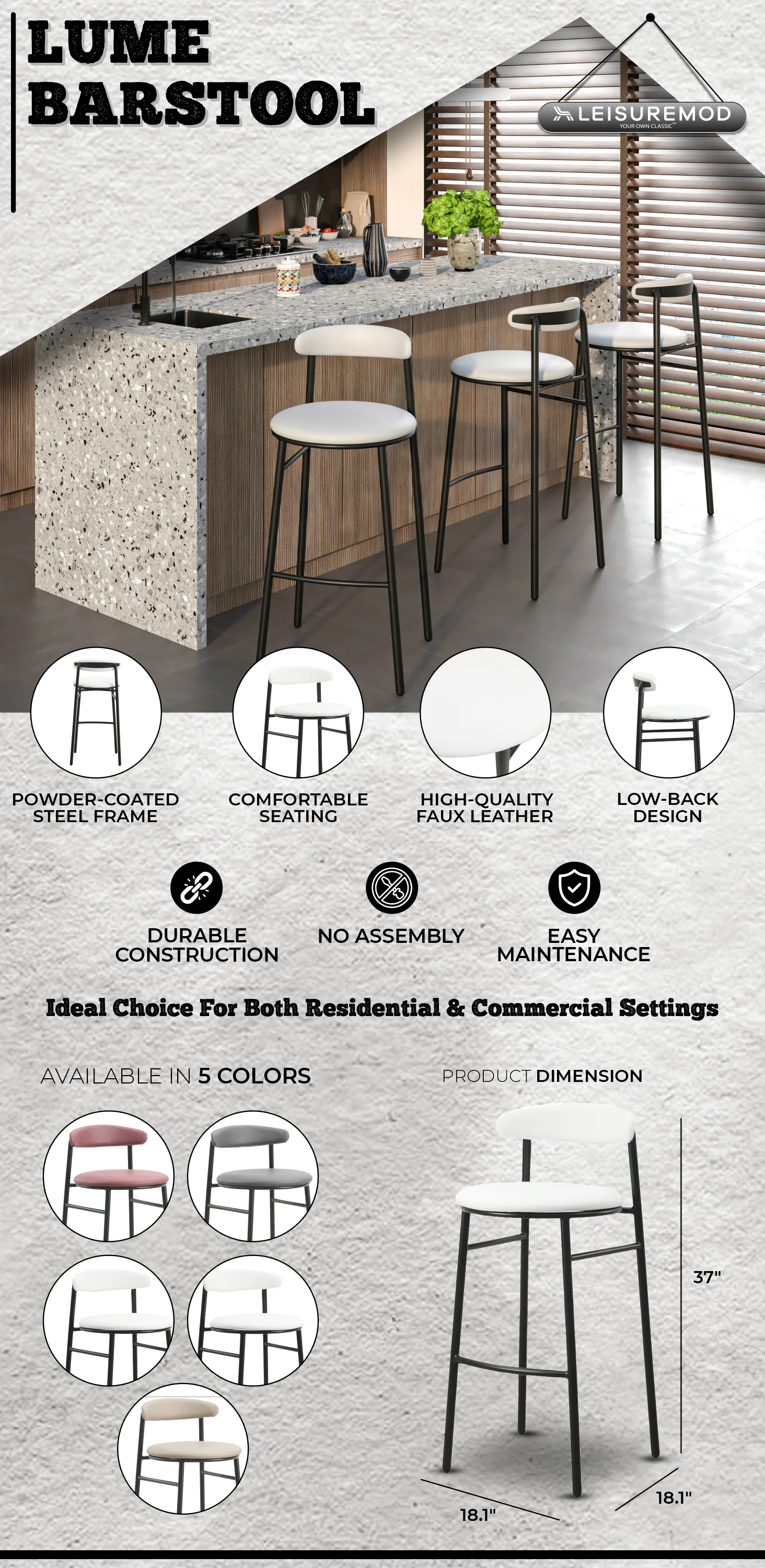 Lume Collection Modern Bar Stool in White