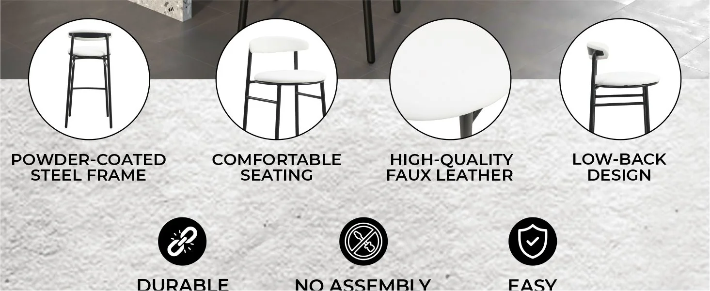 Lume Collection Modern Bar Stool in White