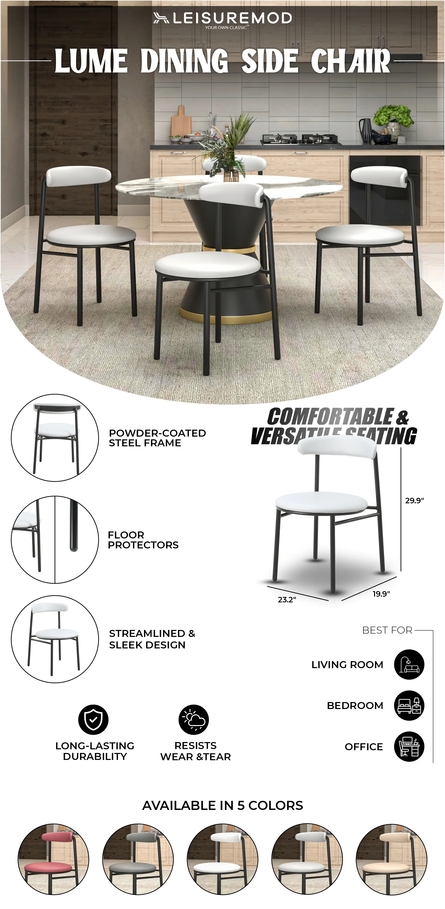 Lume Collection Modern Dining Chair in White Set of 4
