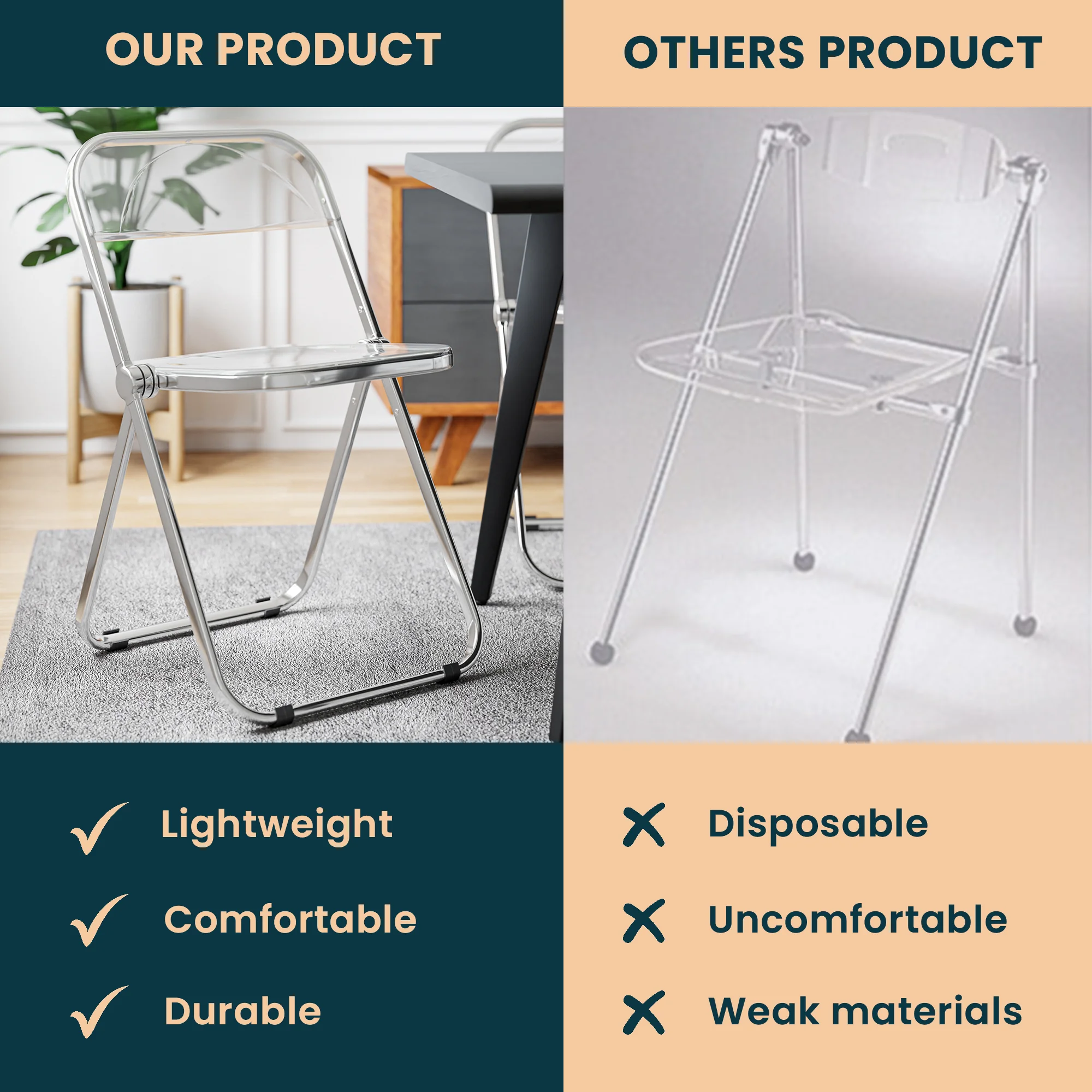 Lawrence Acrylic Folding Chair With Metal Frame, Set of 2