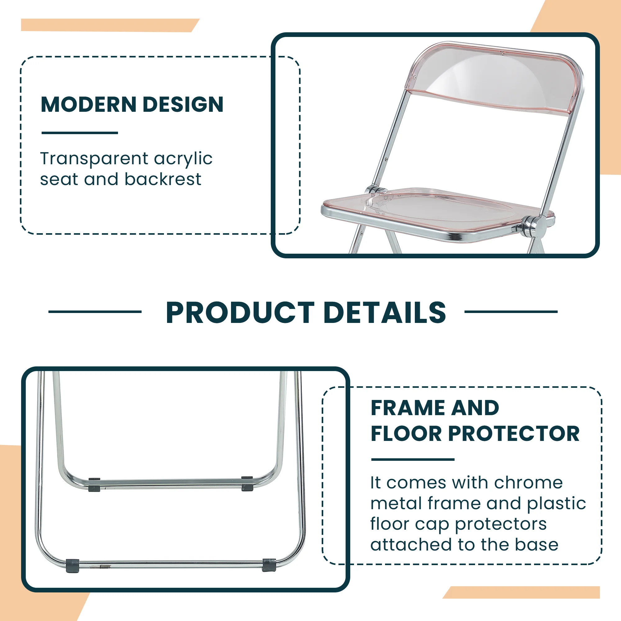 Lawrence Acrylic Folding Chair With Metal Frame, Set of 2