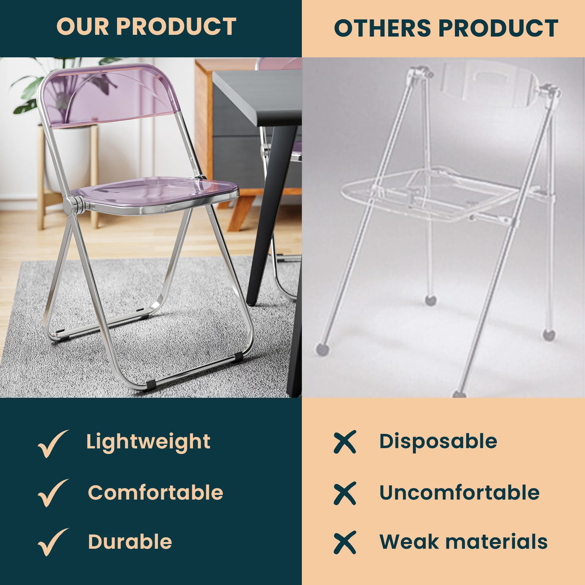 Lawrence Acrylic Folding Chair With Metal Frame, Set of 2