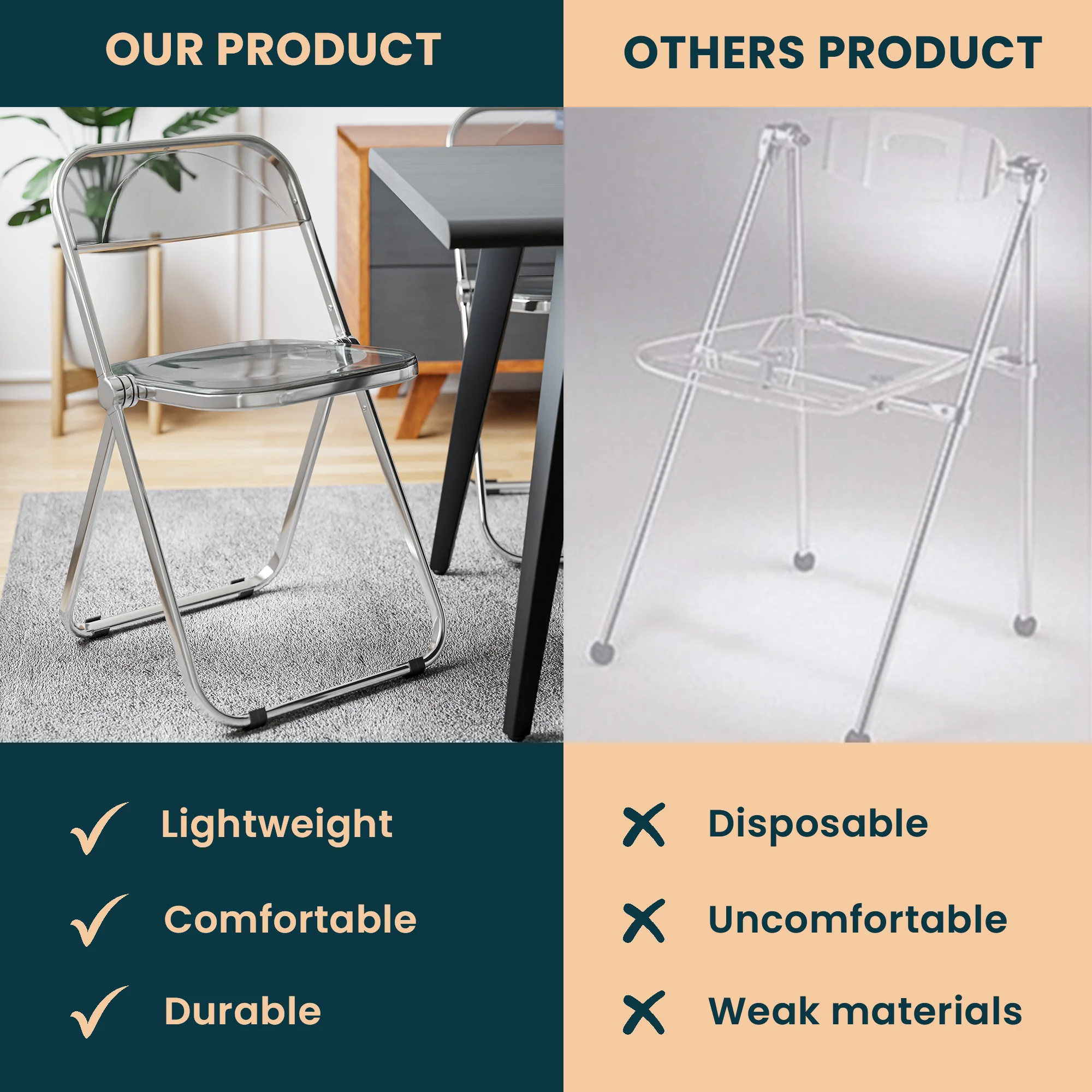 Lawrence Acrylic Folding Chair With Metal Frame, Set of 2