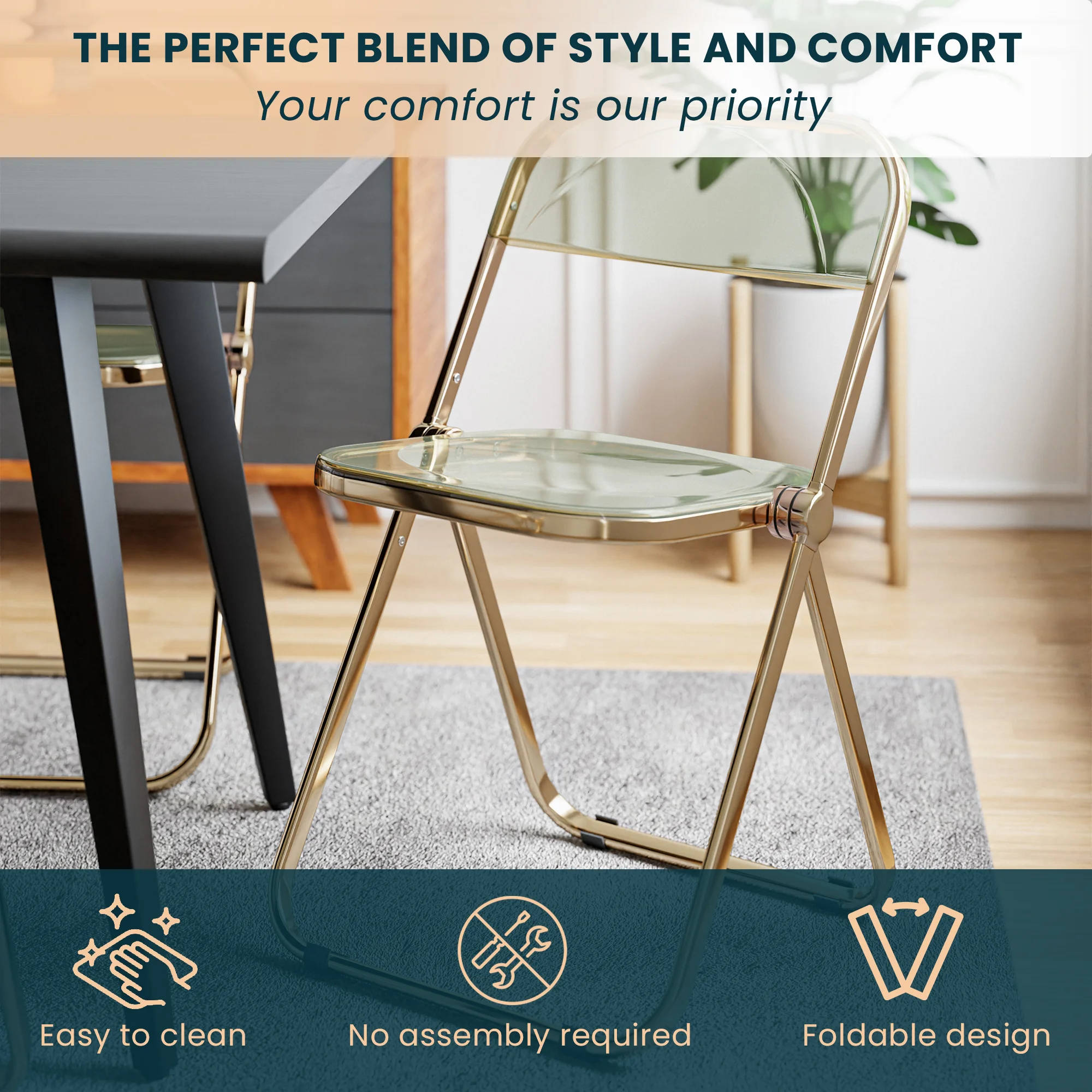 Lawrence Acrylic Folding Chair With Gold Metal Frame, Set of 2