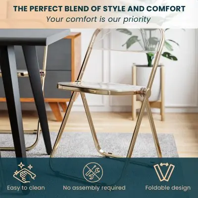 Lawrence Acrylic Folding Chair With Gold Metal Frame, Set of 2