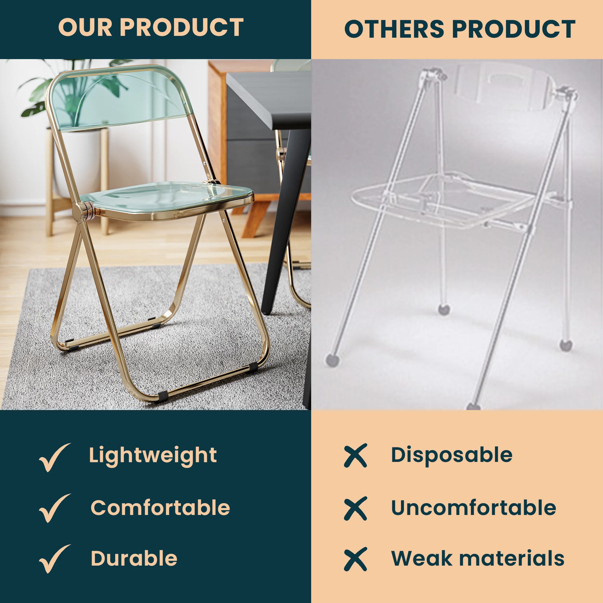 Lawrence Acrylic Folding Chair With Gold Metal Frame, Set of 4