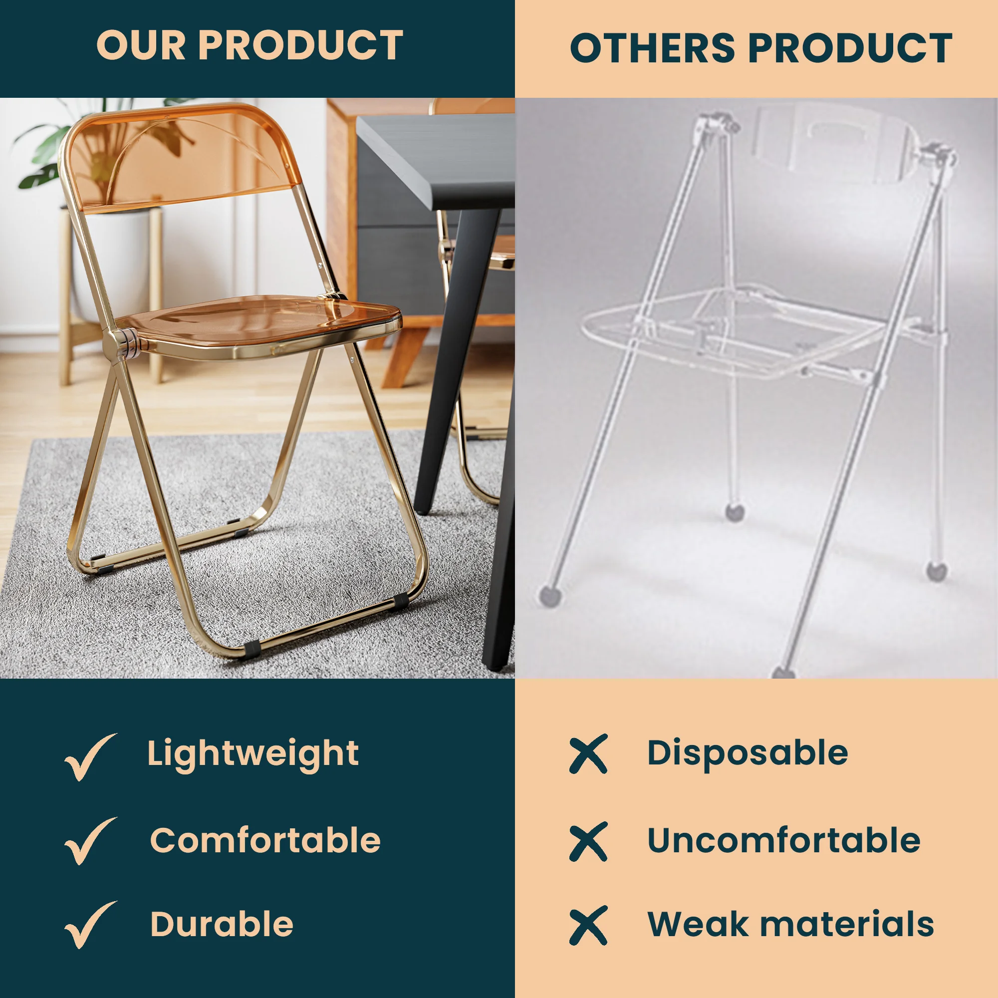 Lawrence Acrylic Folding Chair With Gold Metal Frame, Set of 2