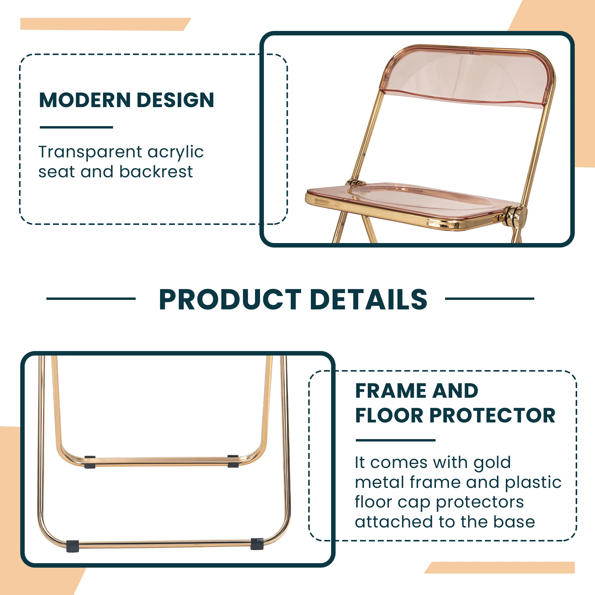 Lawrence Acrylic Folding Chair With Gold Metal Frame, Set of 2