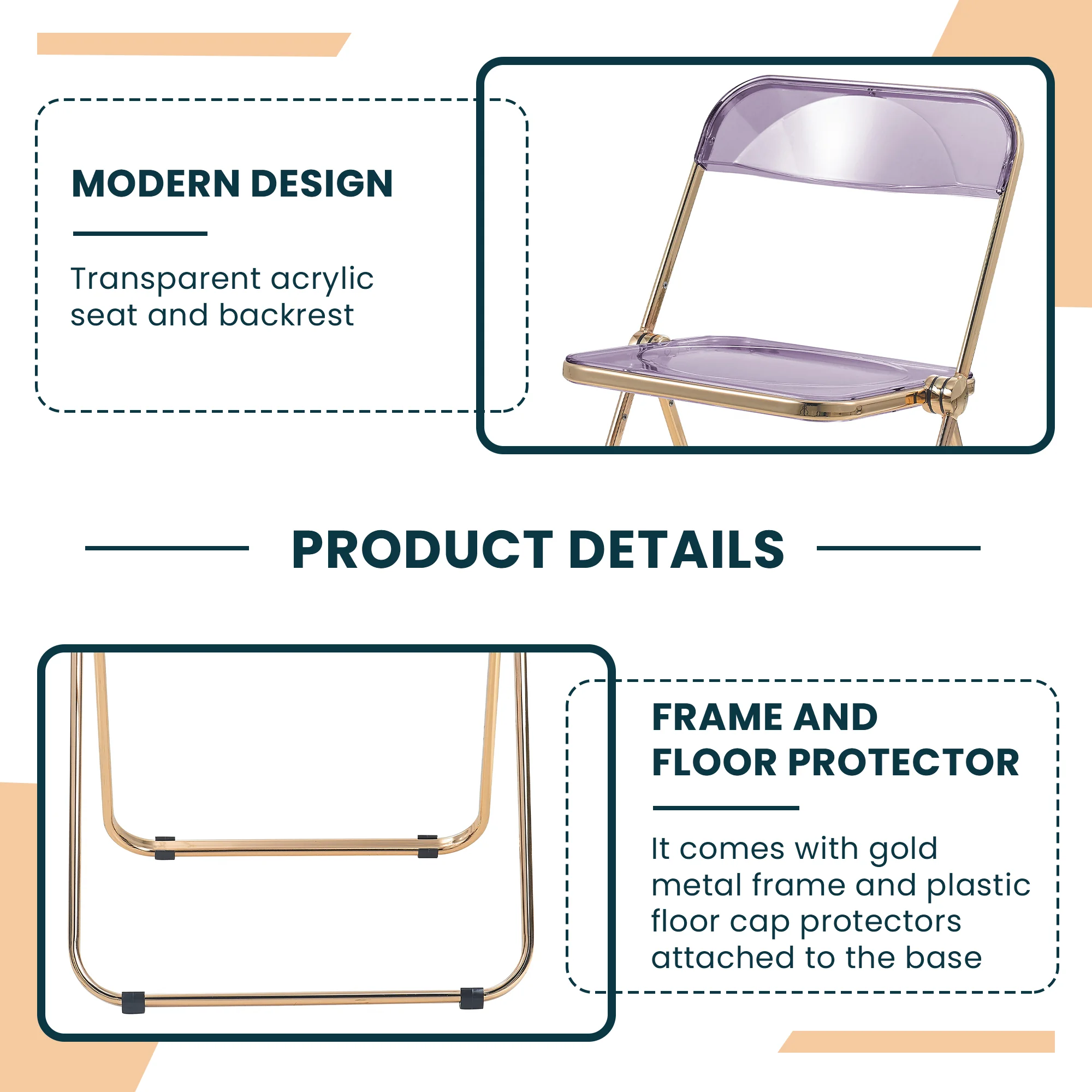 Lawrence Acrylic Folding Chair With Gold Metal Frame